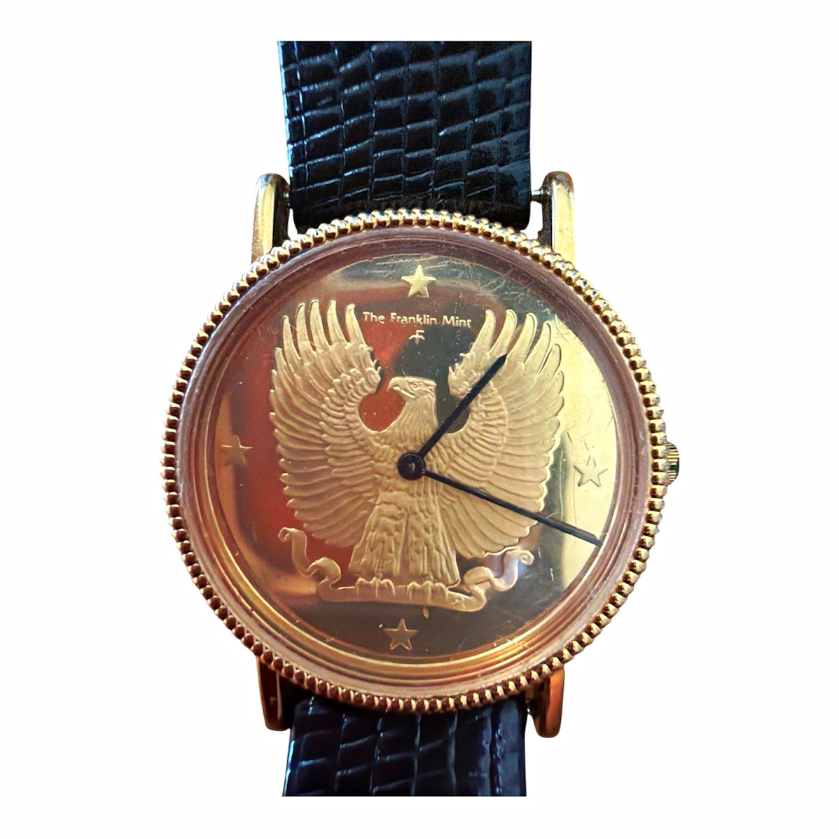 The Franklin Mint Sterling Silver 925 Eagle Motif Watch w/ Black Strap