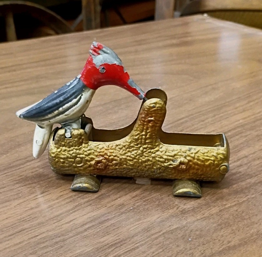 Vintage 1950s Mechanical Woodpecker on Log Toothpick Holder Dispenser Cast Metal