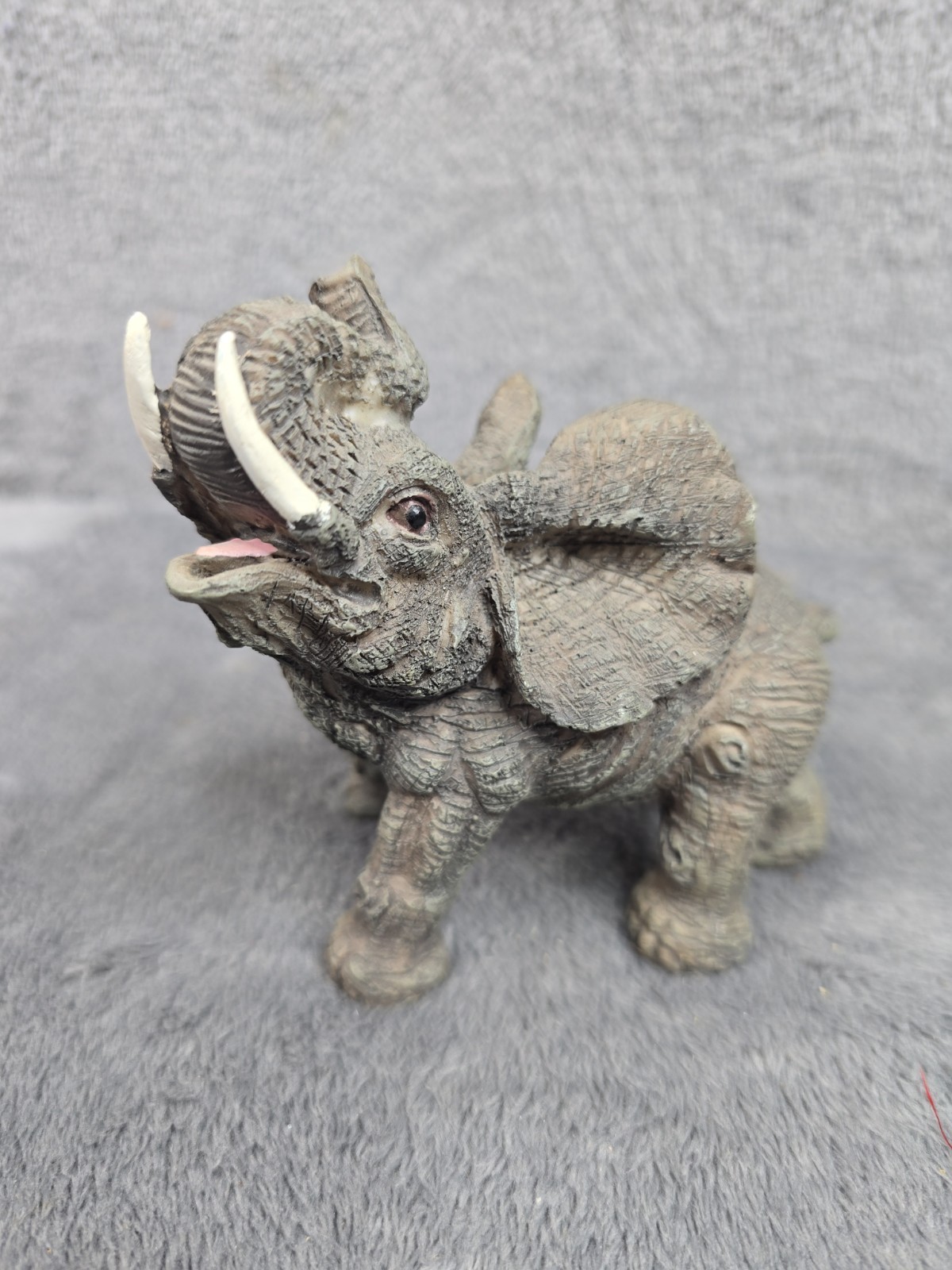 Vintage Textured Resin Elephant Figurine Trumpeting Trunk Up Good Luck Decor