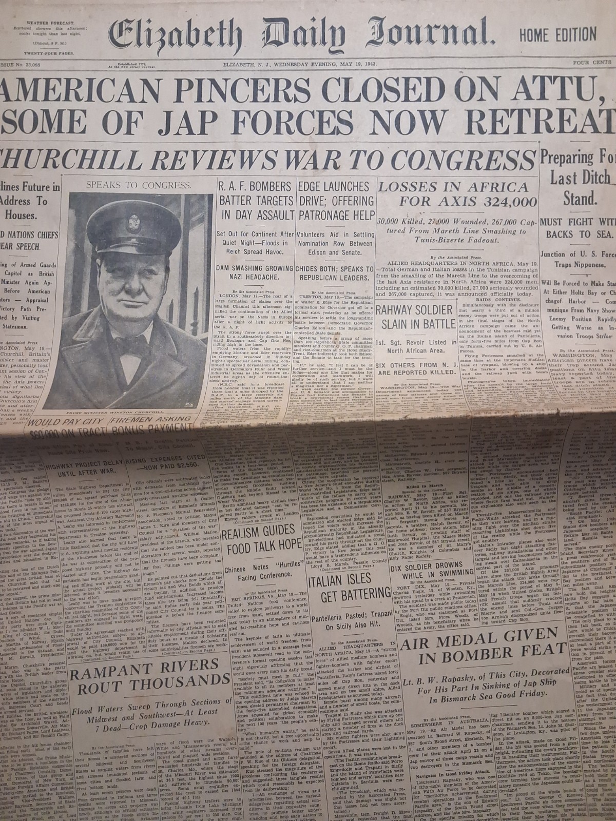 1943 ELIZABETH DAILY JOURNAL New Jersey WWII May 19