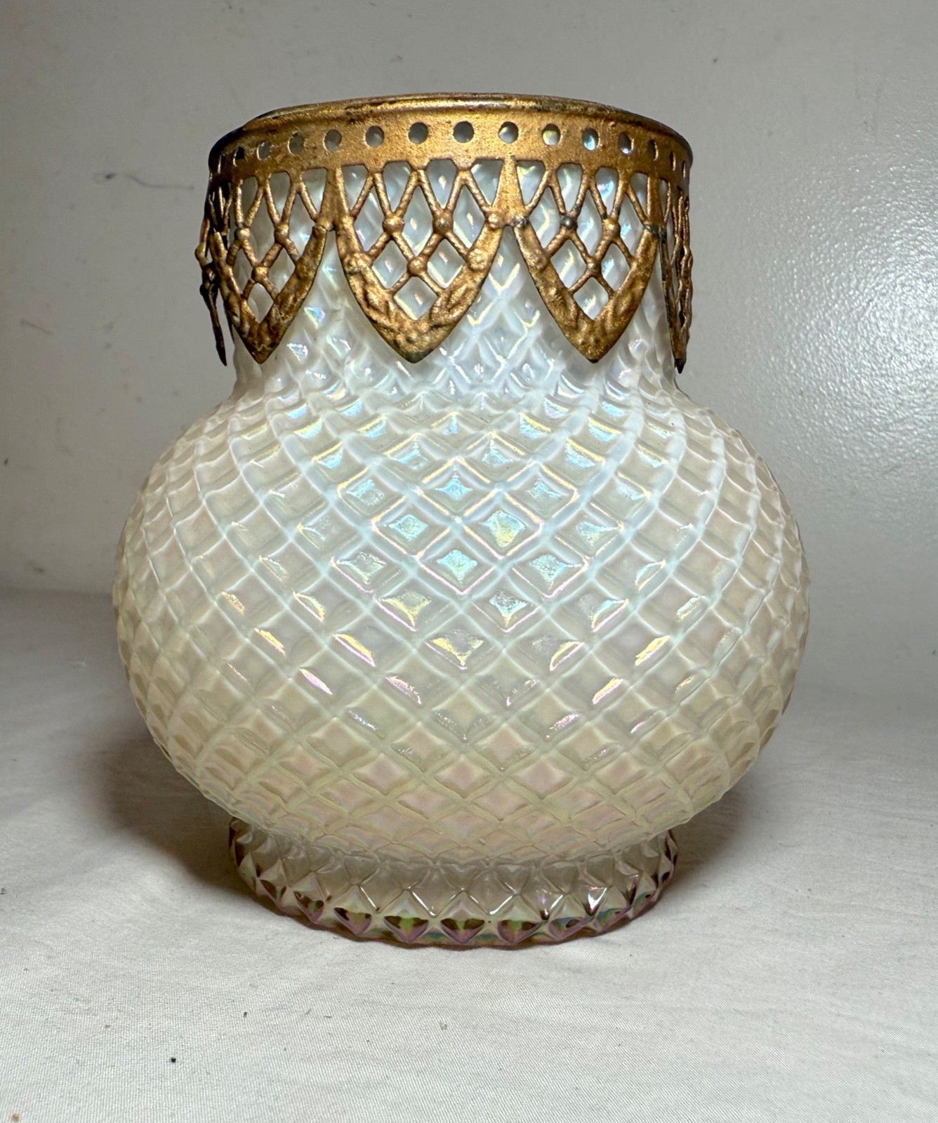 antique hand blown Bohemian Loetz bronze mounted white glass potpourri jar vase antique hand blown Bohemian Loetz bronze mounted white glass potpourri jar vase