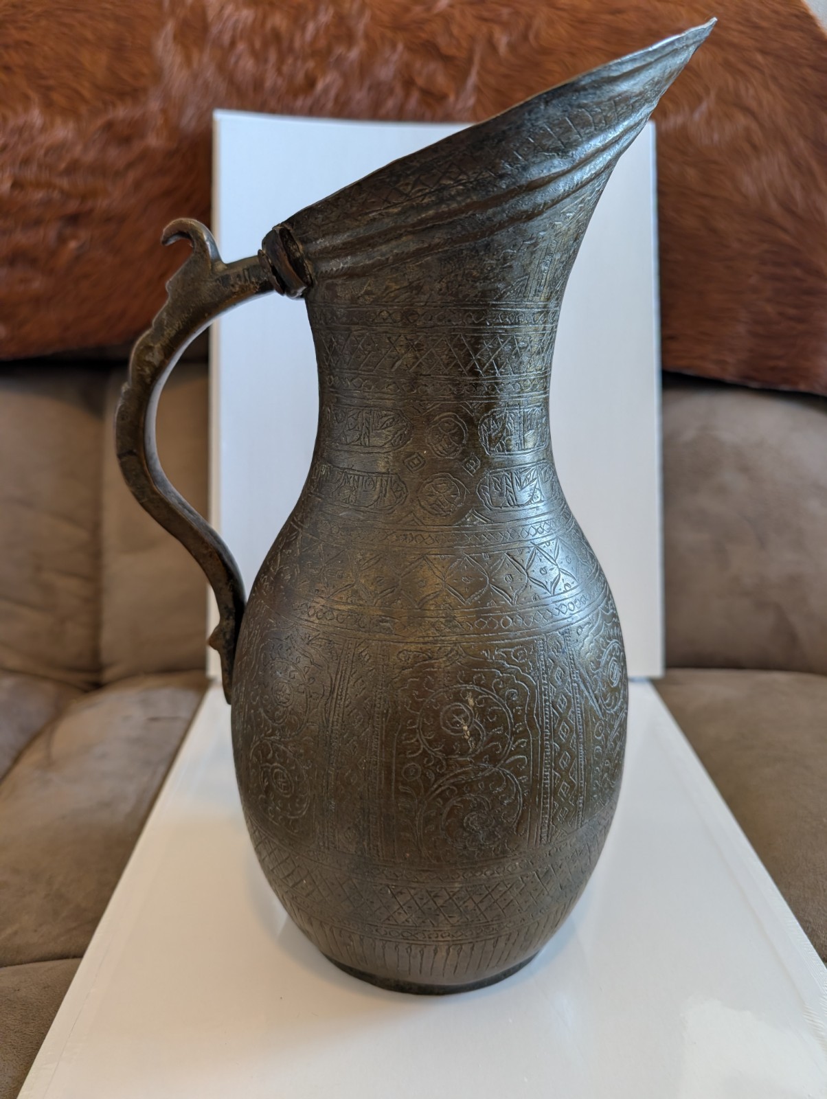 Antique Indo Persian Engraved Copper Ewer Pitcher Jug 12” Heavy 50oz Antique Indo Persian Engraved Copper Ewer Pitcher Jug 12” Heavy 50oz
