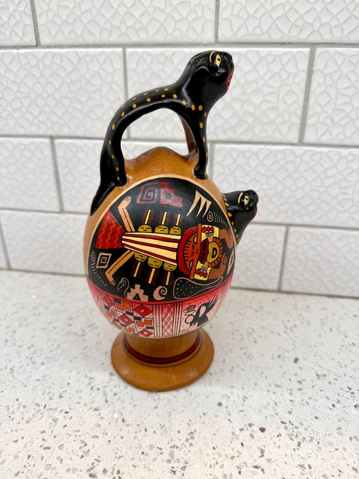 Vintage Peruvian Cusco Pottery Pitcher - Hand-Painted - Hand-Crafted Andean