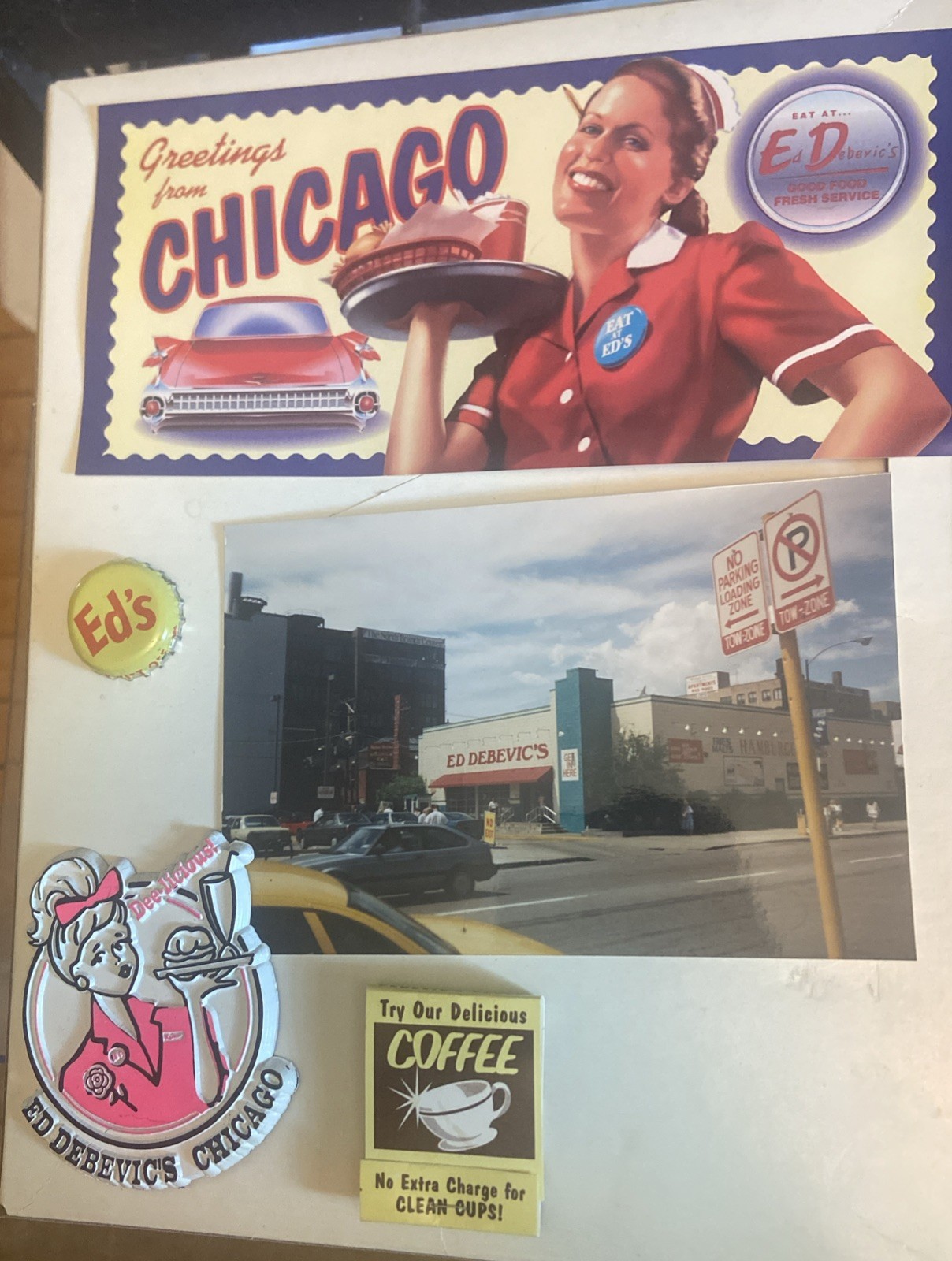 LOT- Ed Debevic\'s Chicago Restaurant, Postcard, Matches, Magnet, Cap & Photo￼
