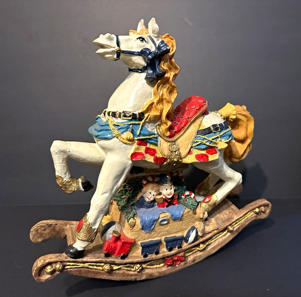 Vintage Christmas Rocking Horse Music Box Figurine Children Train Resin 9” Vintage Christmas Rocking Horse Music Box Figurine Children Train Resin 9”