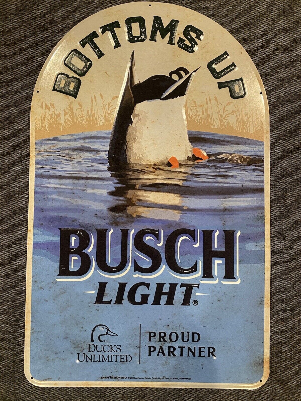 Busch Light Metal Tin Beer Sign Bottoms Up Ducks Unlimited 15”x24” Vintage -Read