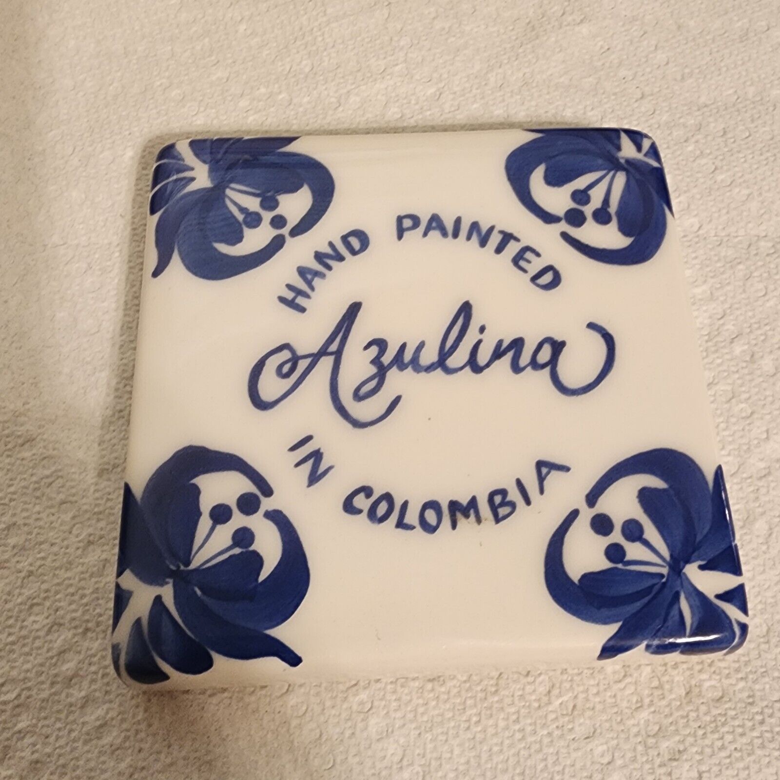 Azulina Ceramics Hand Painted In Columbia Cobalt Blue Porcelain Coaster Tile