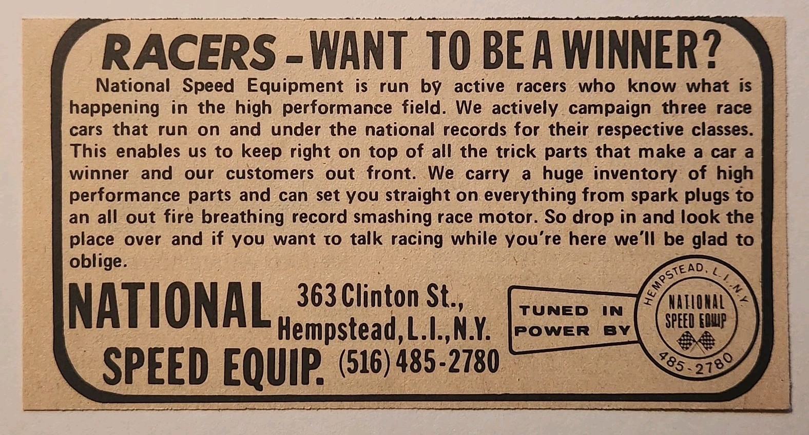 1972 National Speed Equip. Shop Racing Original Print Ad Hempstead L.I. NY 1970s