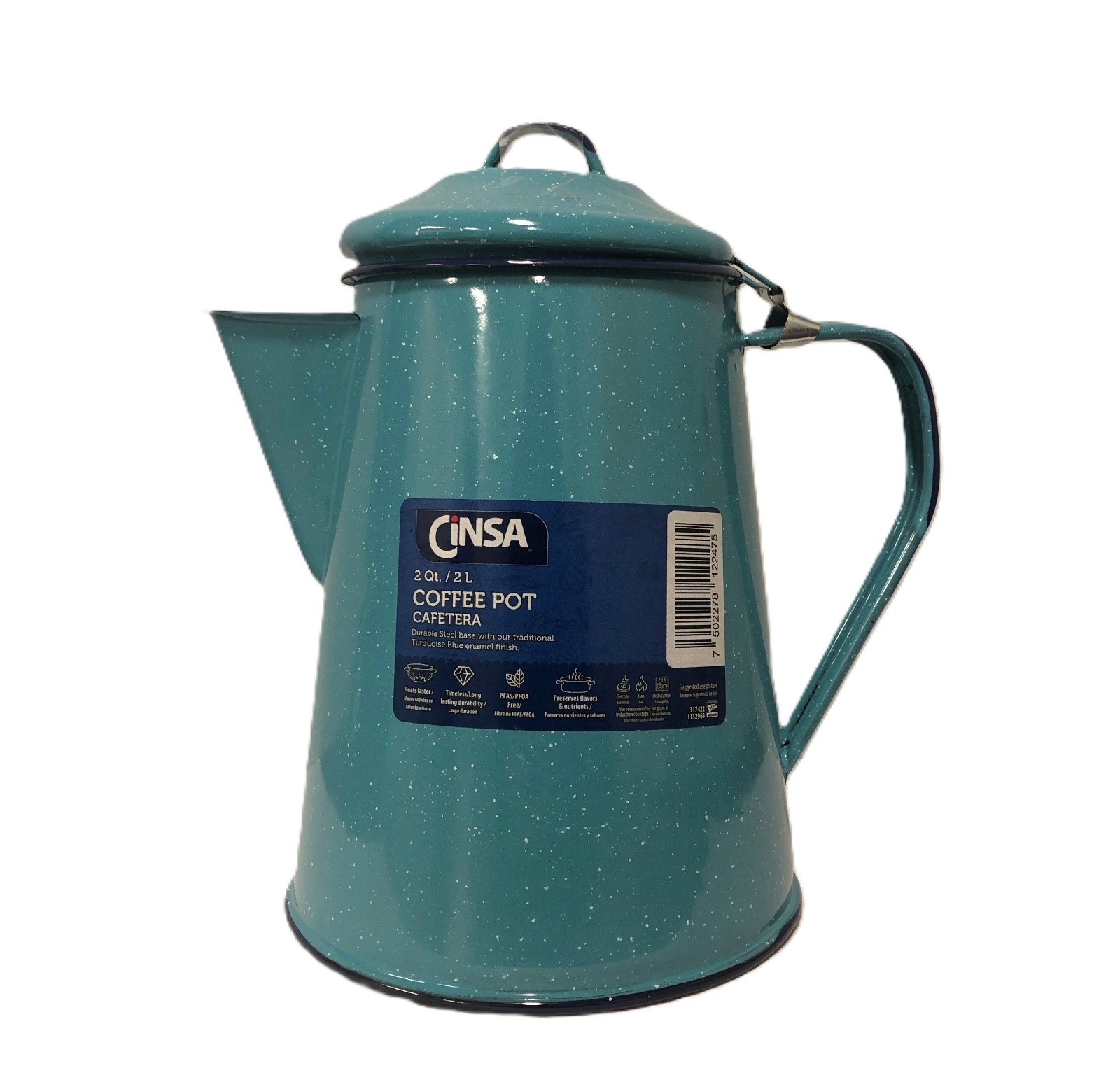 Turquoise Enamelware Coffee Pot 2 Qt Hinged Lid Camping Cafe de Olla Cinsa NEW