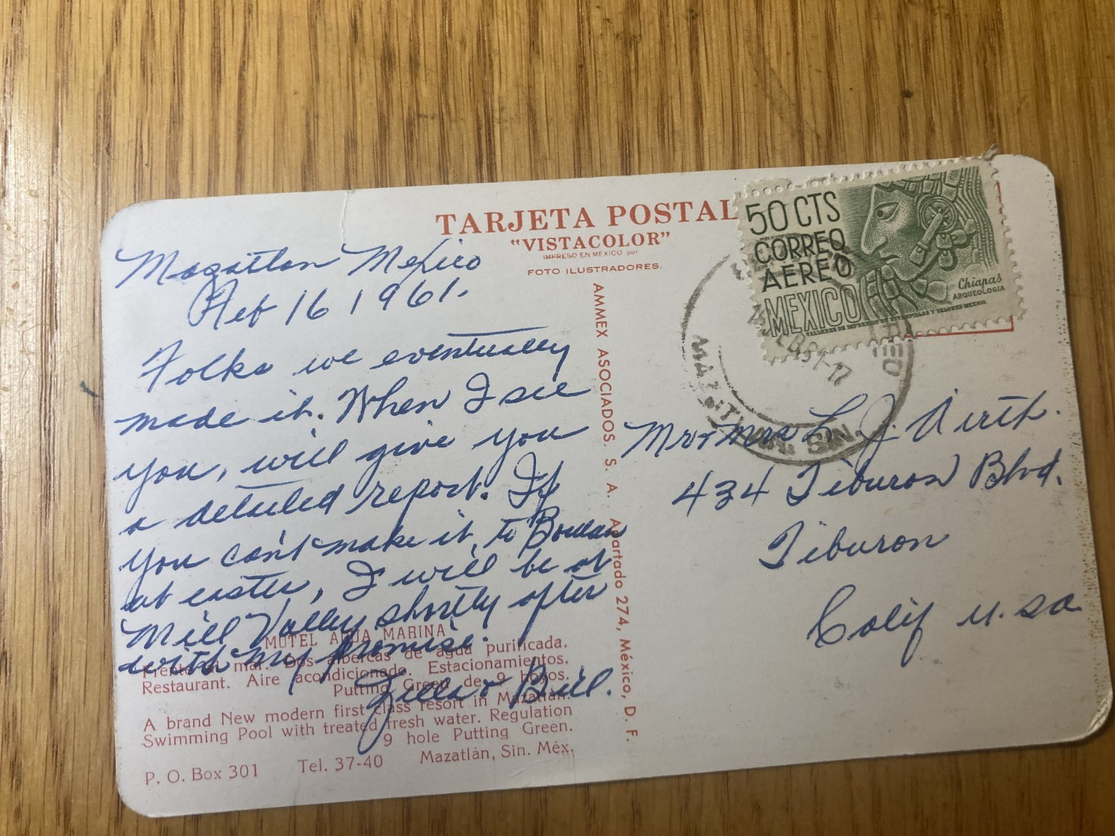 Vintage 1961 Mazatlan Mexico Postcard Ammex 50c Airmail Stamp Mark Turok Balboa Vintage 1961 Mazatlan Mexico Postcard Ammex 50c Airmail Stamp Mark Turok Balboa