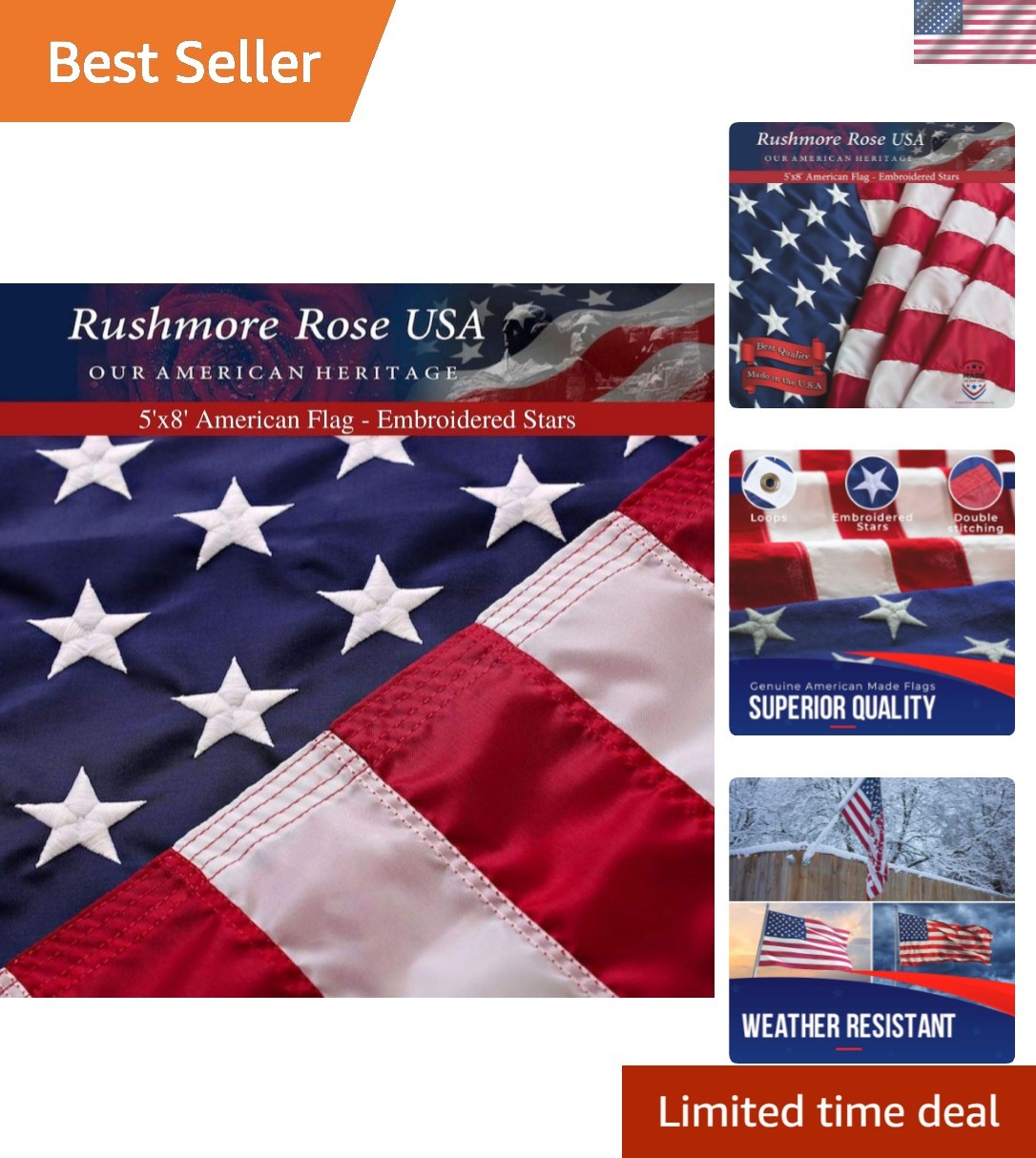 5x8 USA Flag - Embroidered Stars & Sewn Stripes, All-Weather Durable Fabric 5x8 USA Flag - Embroidered Stars & Sewn Stripes, All-Weather Durable Fabric