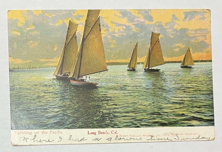 1907 Vintage UDB Postcard~Long Beach CA~Yachting on the Pacific~Sailboats Sunset