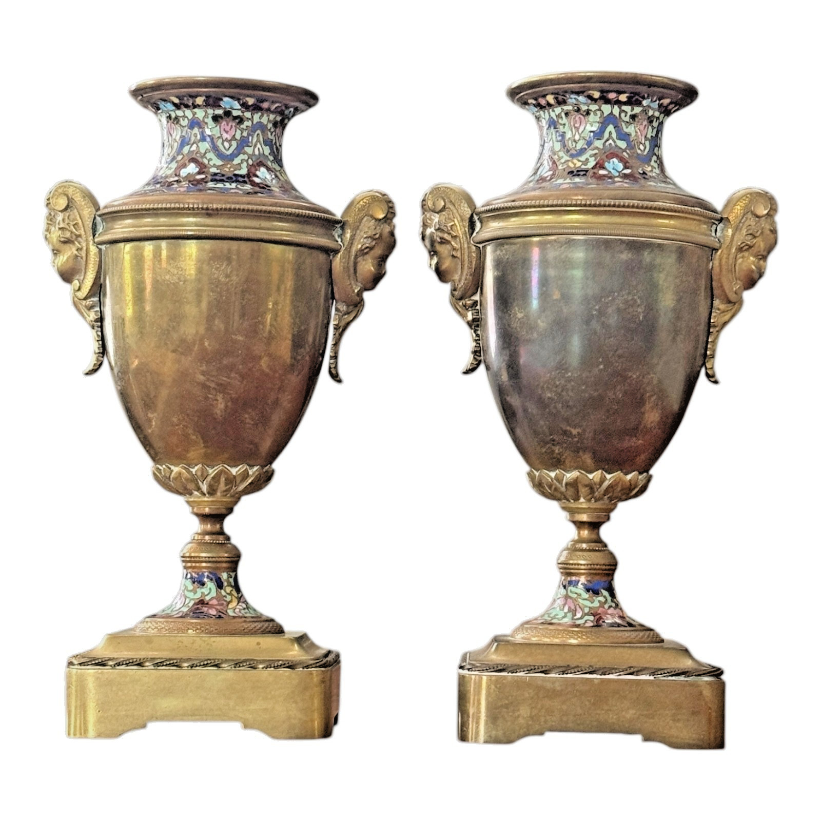 Antique Pair of Neoclassical Bronze & Cloisonné Mantel Urns or Vases Antique Pair of Neoclassical Bronze & Cloisonné Mantel Urns or Vases
