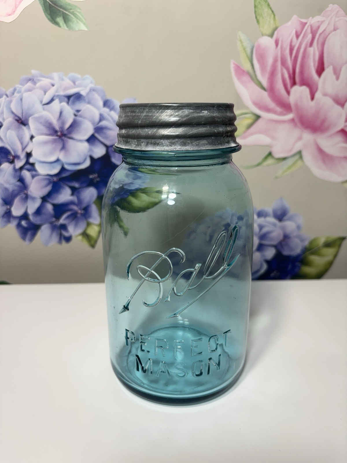 ⁠Vtg Antique Blue Aqua Ball Perfect Mason Quart Jar #2 w Zinc Lid 1910-1923