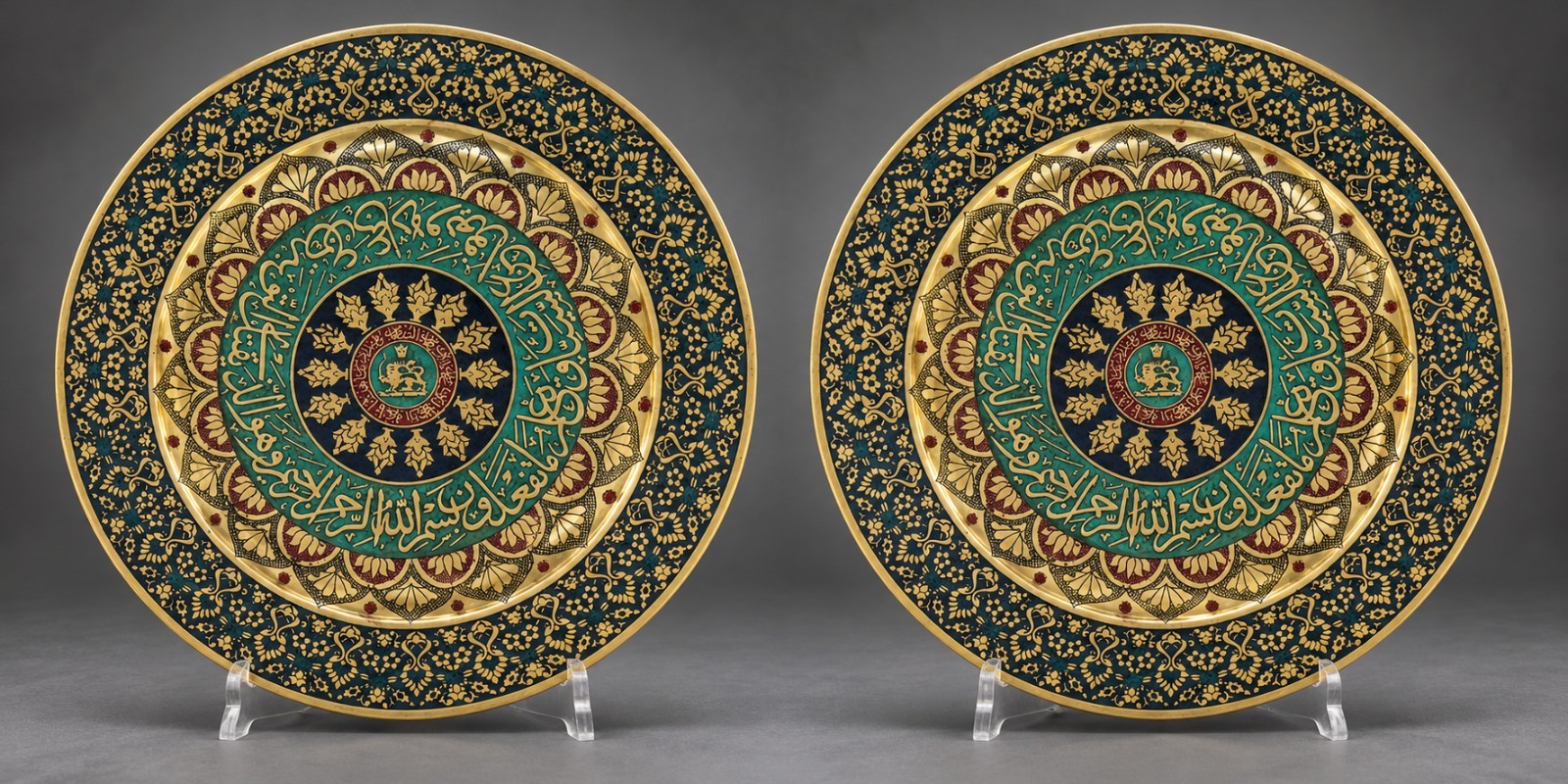Pair Of Islamic Qajar Enameled Brass Plates with Persian Royal Coat of Arms 