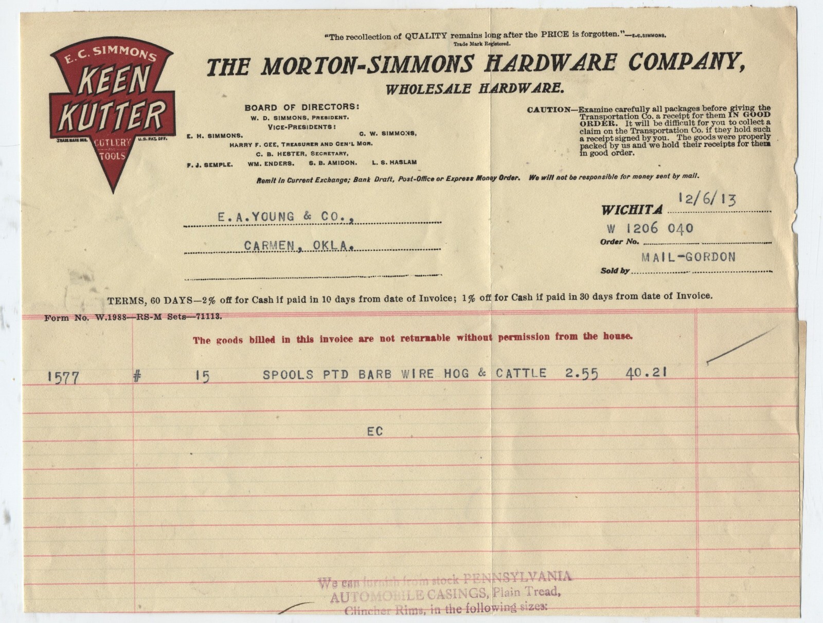 1913 BILLHEAD WICHITA KANSAS MORTON SIMMONS HARDWARE CO.