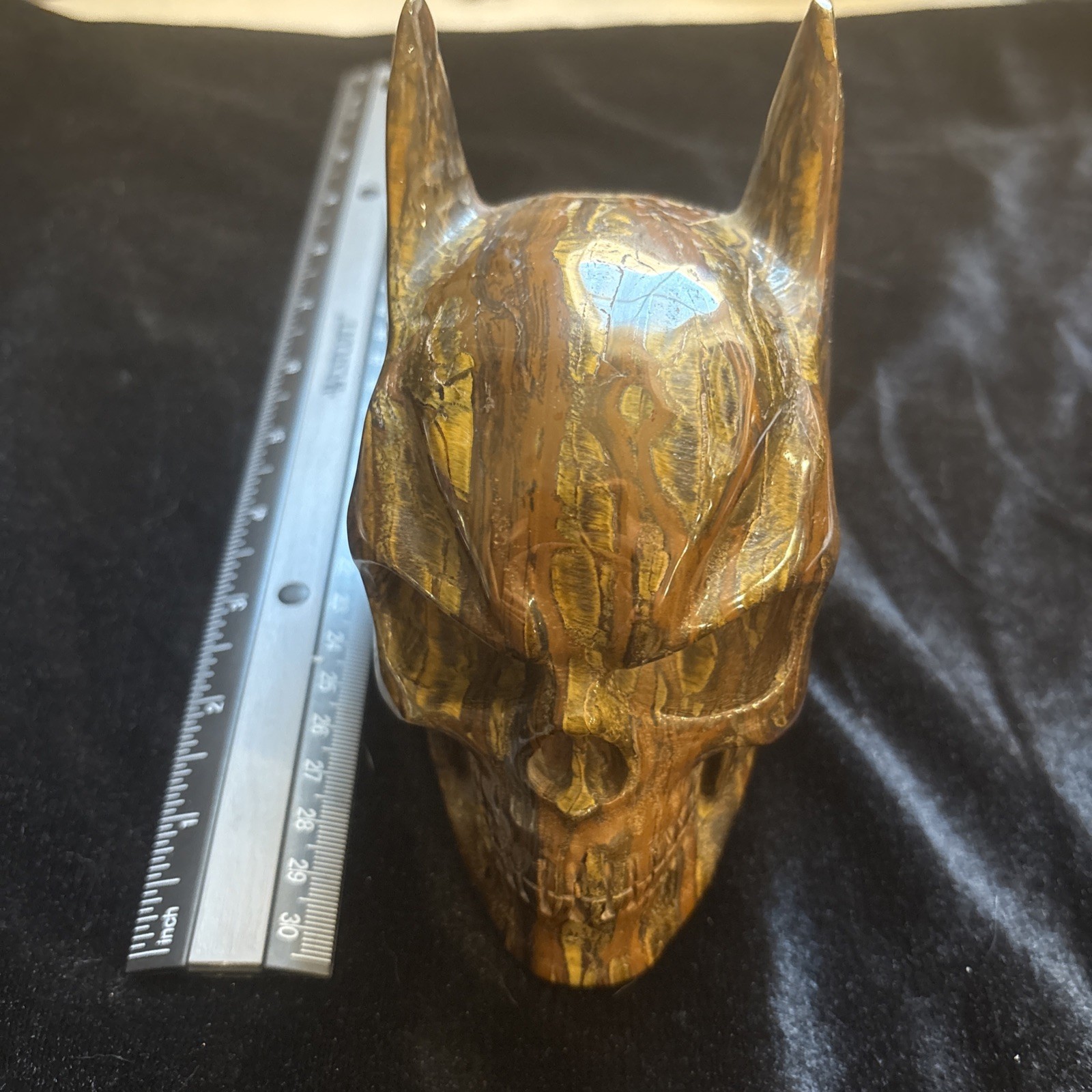 Carved Tigers Eye Batman Skull 5x5x3” + 3”x4” Butterfly + 1.5” Sphere Reikee Carved Tigers Eye Batman Skull 5x5x3” + 3”x4” Butterfly + 1.5” Sphere Reikee