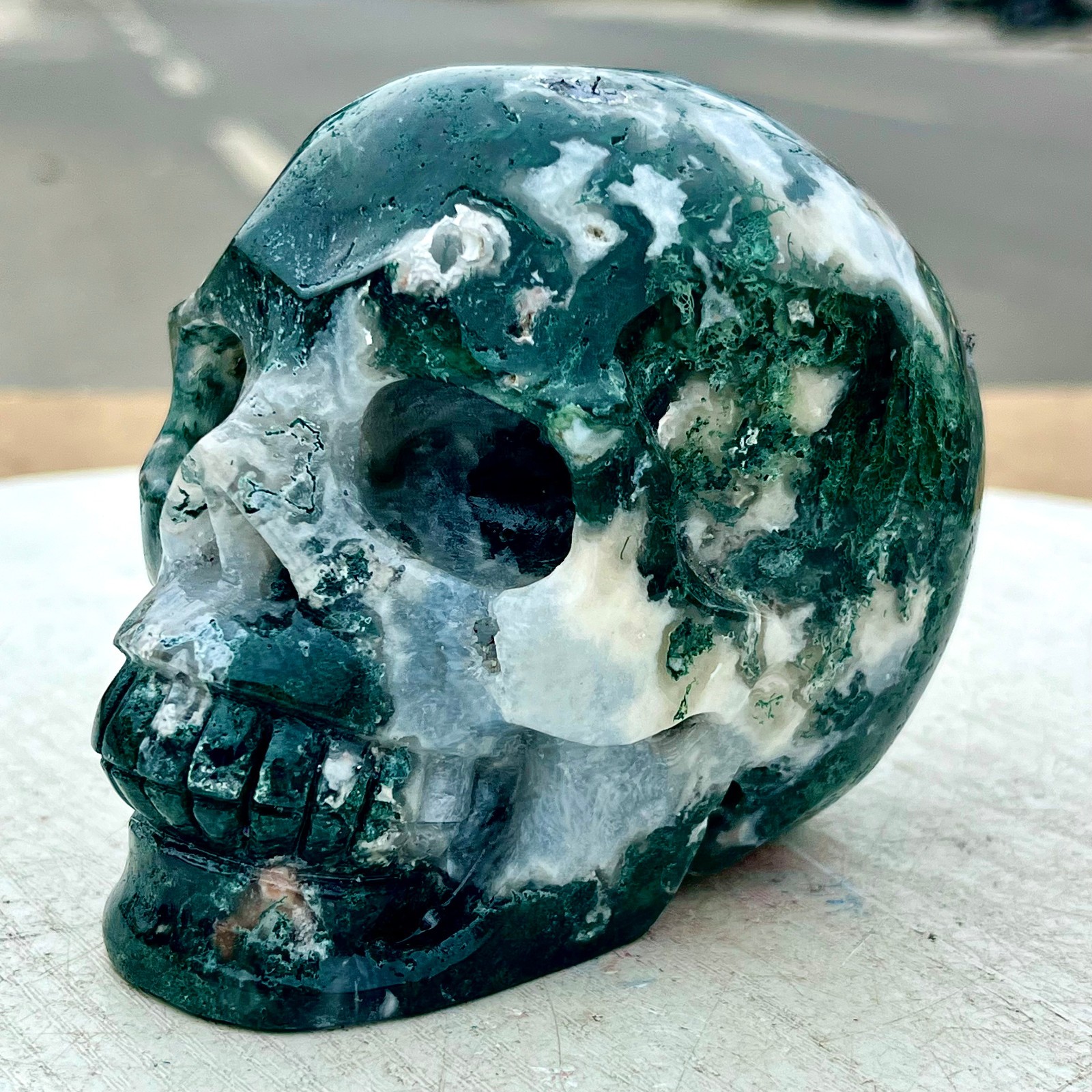 2.04LB Natural water grass stone raw ore, hand carved, polished, skull healing