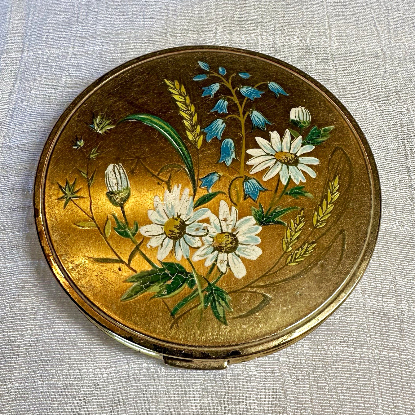 Vintage Melissa Powder Compact 1950s Made in England Brass Enamel Flowers Mirror