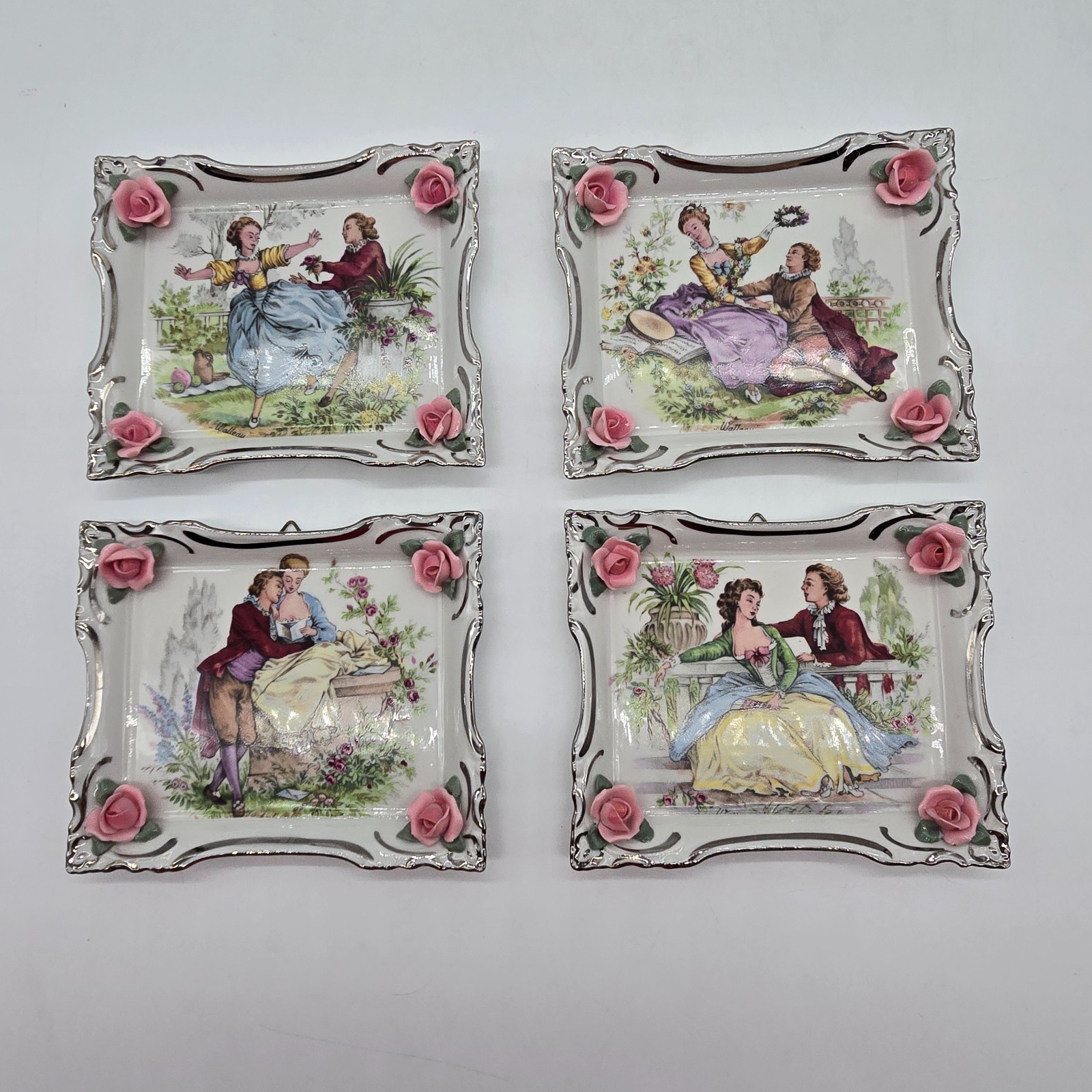 Set of 4 Dresden Porcelain Plaques Sandizell Courting Couple Roses Germany Set of 4 Dresden Porcelain Plaques Sandizell Courting Couple Roses Germany
