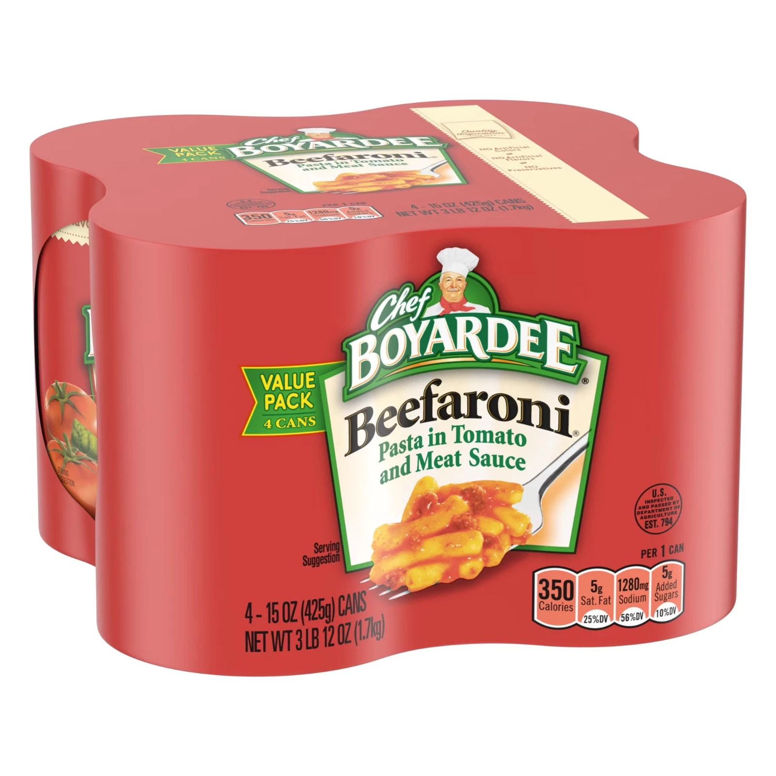 CHEF BOYARDEE BEEFARONI IN TOMATO AND MEAT SAUCE, READY-TO-EAT, 15 OZ CAN 4PACK CHEF BOYARDEE BEEFARONI IN TOMATO AND MEAT SAUCE, READY-TO-EAT, 15 OZ CAN 4PACK