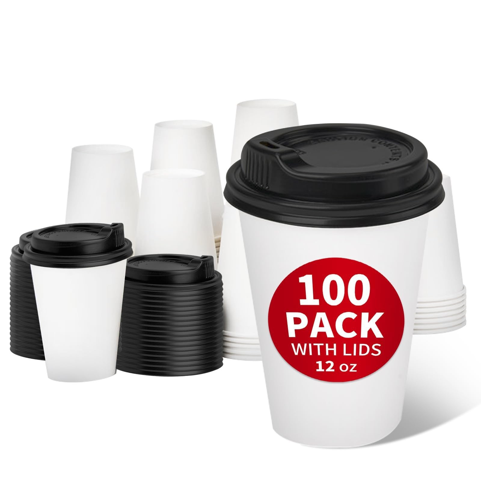 RACETOP Disposable Paper Coffee Cups with Lids, 12 oz, 100 Pack 12.0 ounces RACETOP Disposable Paper Coffee Cups with Lids, 12 oz, 100 Pack 12.0 ounces