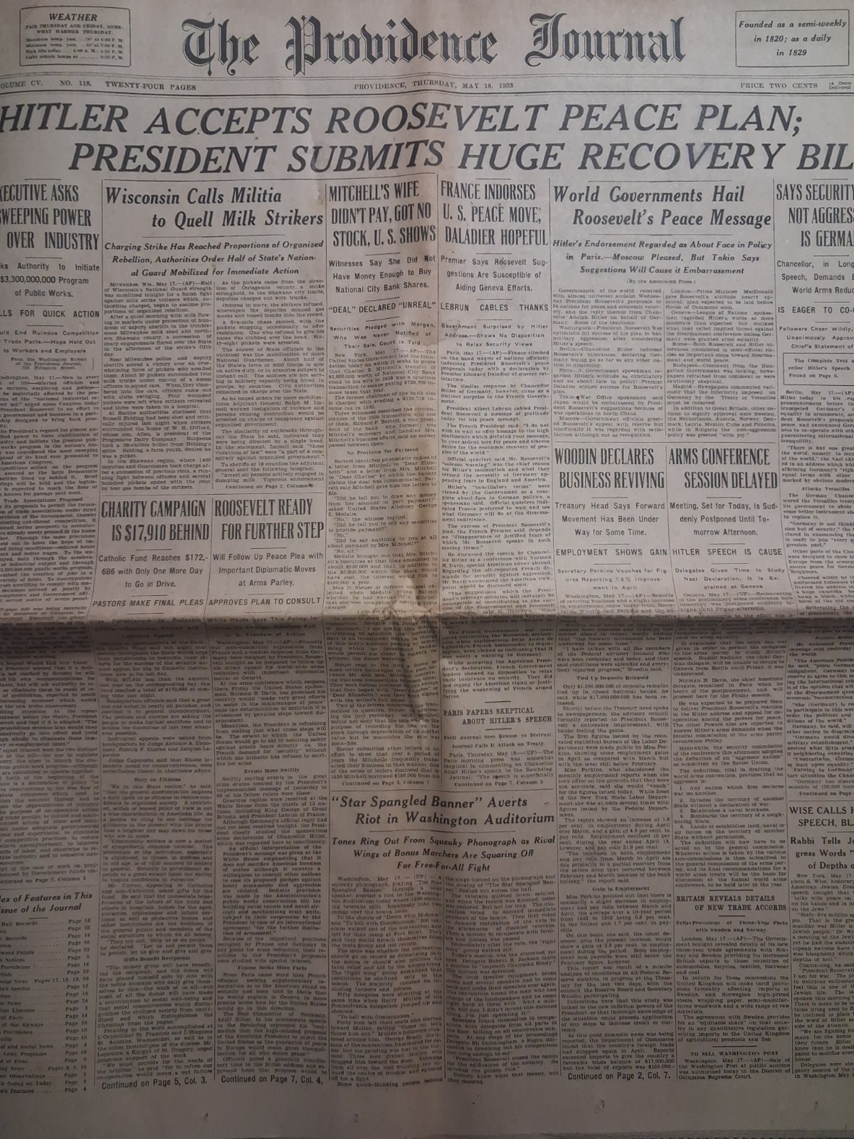 1933 The Providence Journal HITLER ROOSEVELT PEACE PLAN Wisconsin Milk Strike