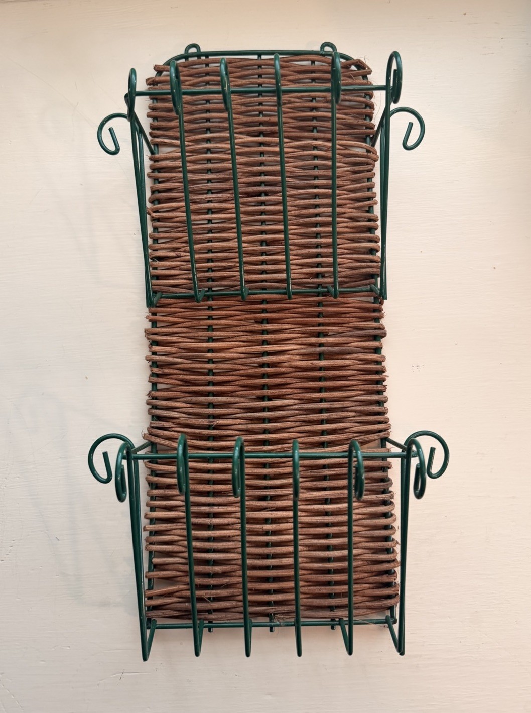 Vtg Boho Green Metal & Brown Wicker Woven Wire Wall Mounted Mail Letter Rack