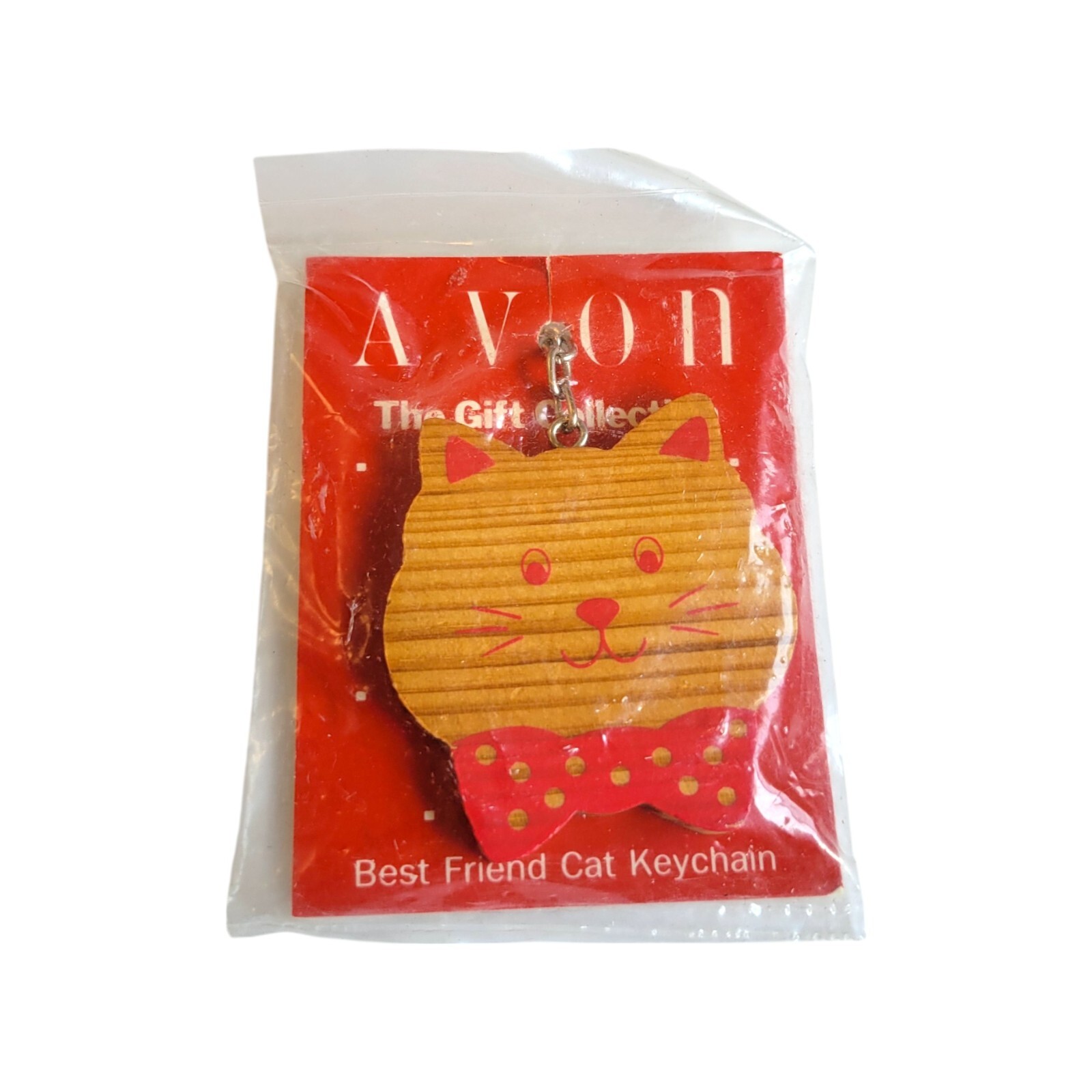 VTG Avon Best Friend Cat Keychain – Woodgrain Bow Tie Kitty, NIP, Kawaii