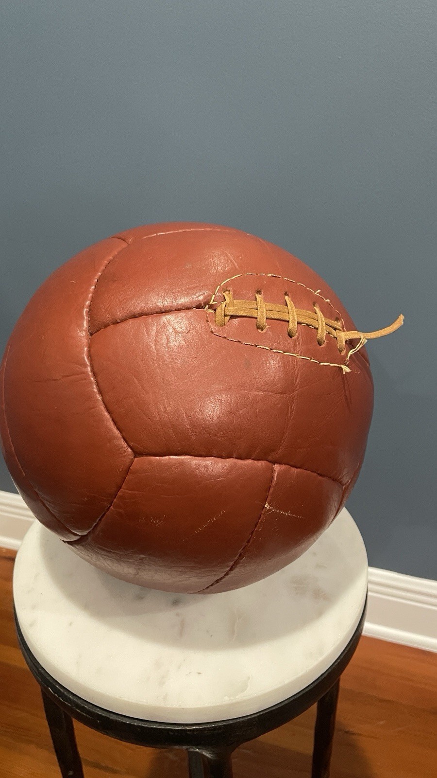 Vintage 1930s Leather Medicine Ball, Rare 14-Panel Tiento Style - 9 lb Gym Decor