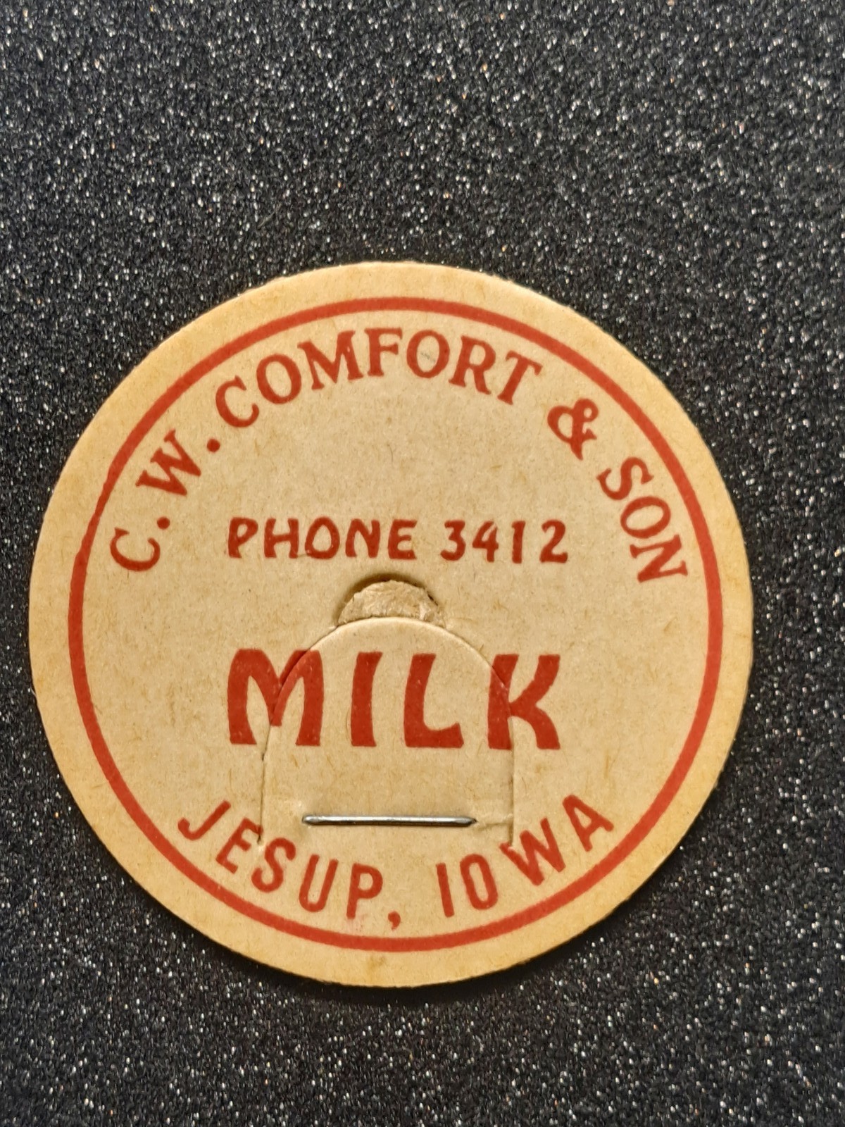 Vintage C.W. Comfort & Son Milk Dairy Tag Jesup Iowa milk cap Vintage C.W. Comfort & Son Milk Dairy Tag Jesup Iowa milk cap