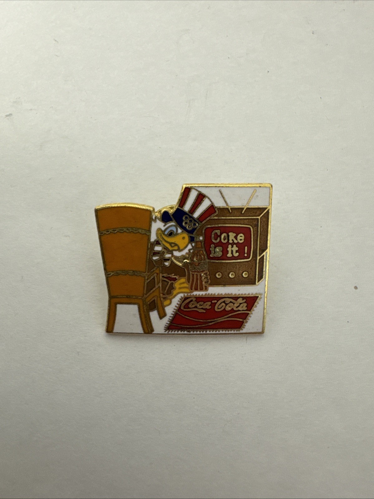 VTG 1984 L.A. Olympics Coca Cola Sam Lapel Pin Button “Coke Is It” Very Rare