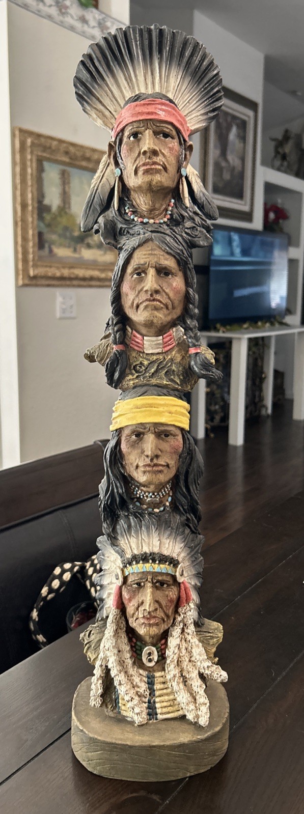 Vintage 24 in Native American 4 Chief Warrior Spirit Decorative Totem Sculpture