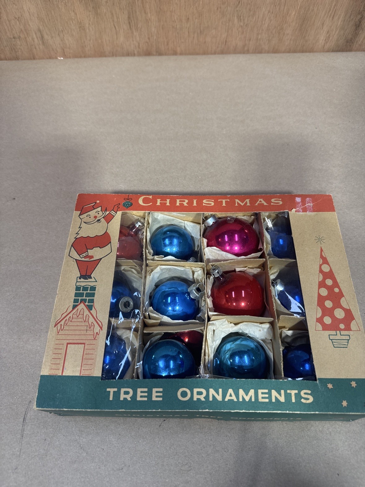 Vintage Glass Christmas Ornaments Boxed Set of 12 Red Blue Balls Original Box