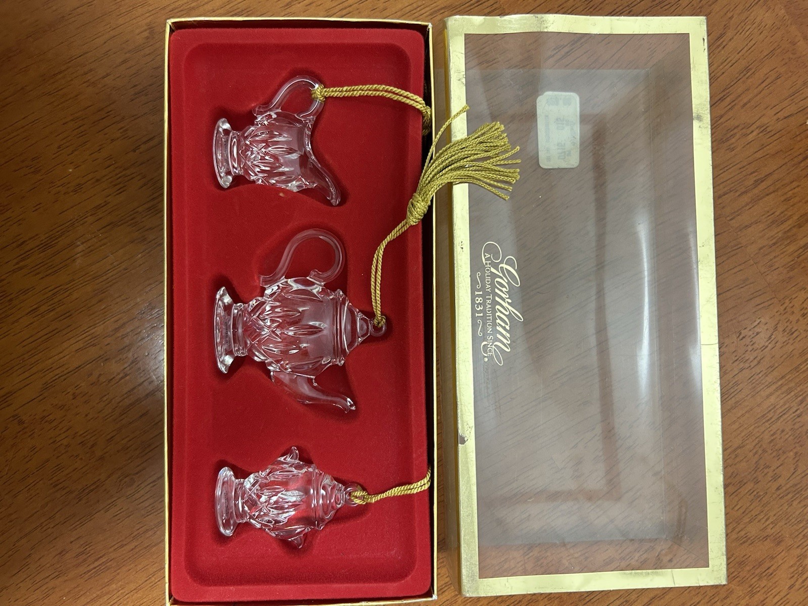 Set Of 3 Gotham Full Lead Crystal Lady Anne Tea Set Ornaments With Box