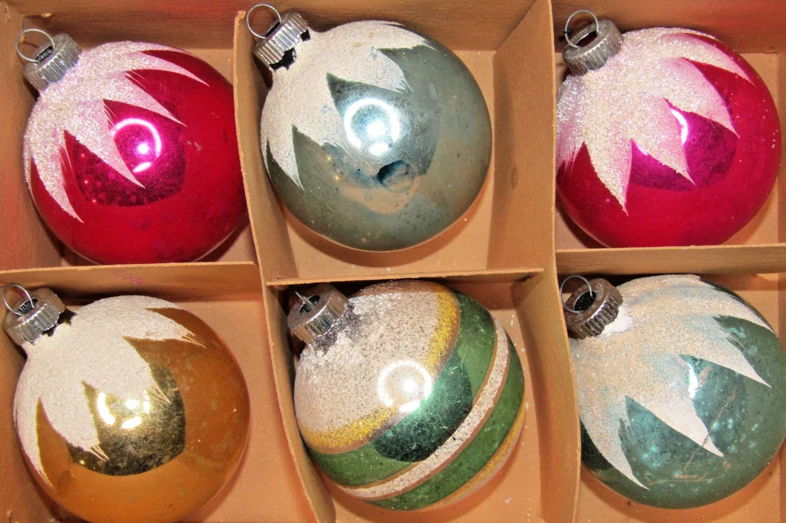 Lot Vintage Glass Snow Cap Mica Large BALL Christmas Ornaments Shiny Brite