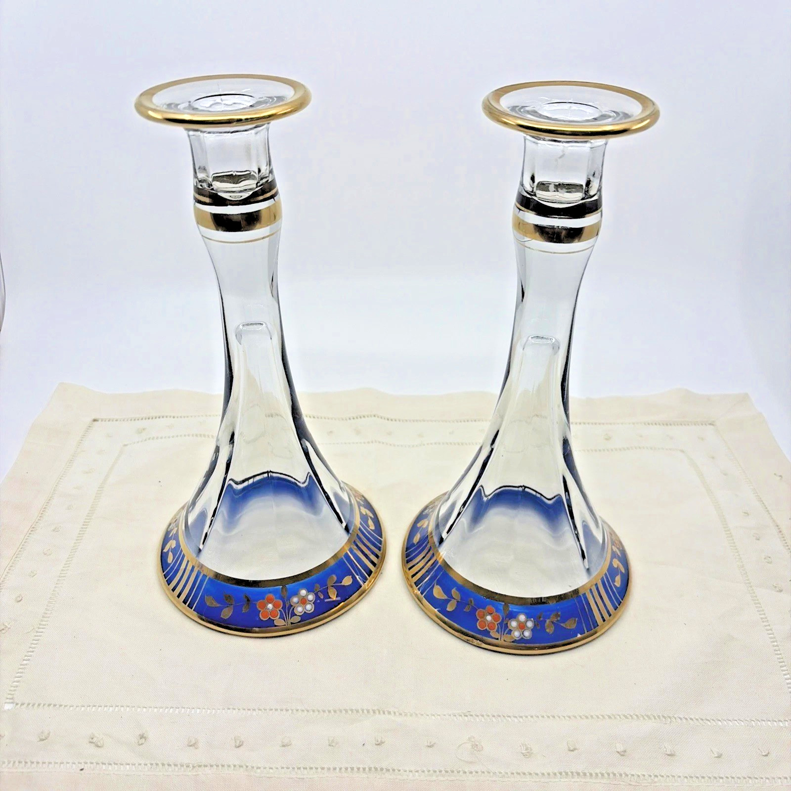 Vintage Tiffin Bohemian Glass #151 Candle Holders Hand Painted Blue Floral Vintage Tiffin Bohemian Glass #151 Candle Holders Hand Painted Blue Floral