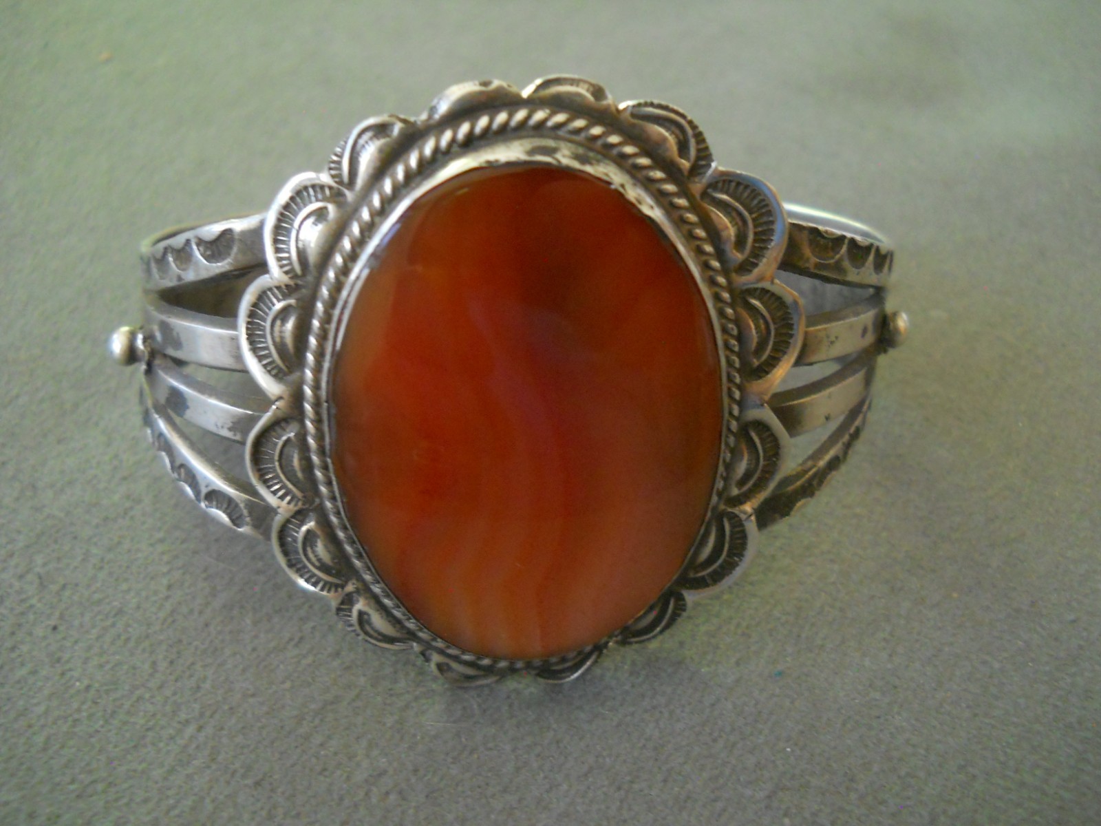 Native American Navajo Orange Tone Agate Sterl Silver Cuff Bracelet w/ Stampwork