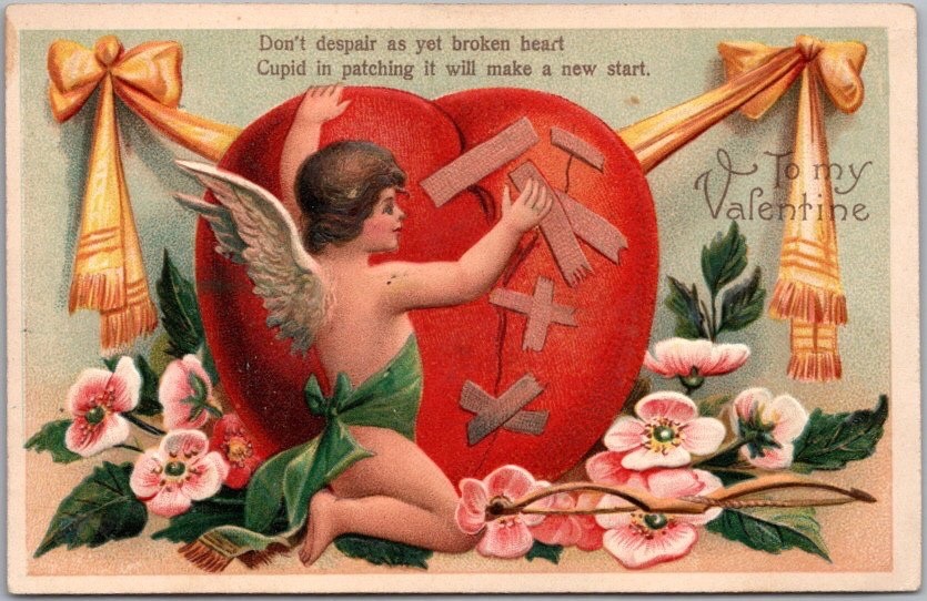 c1910s VALENTINE\'S DAY Embossed Postcard CUPID Mending Broken Heart - UNUSED