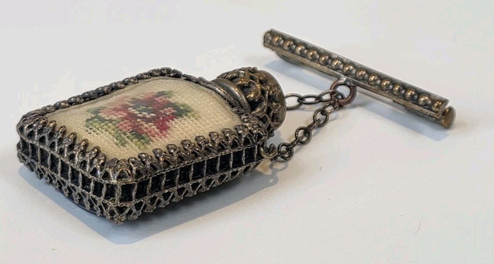 Vintage Antique Miniature Perfume Bottle + Dabber Floral Brooch Rare 
