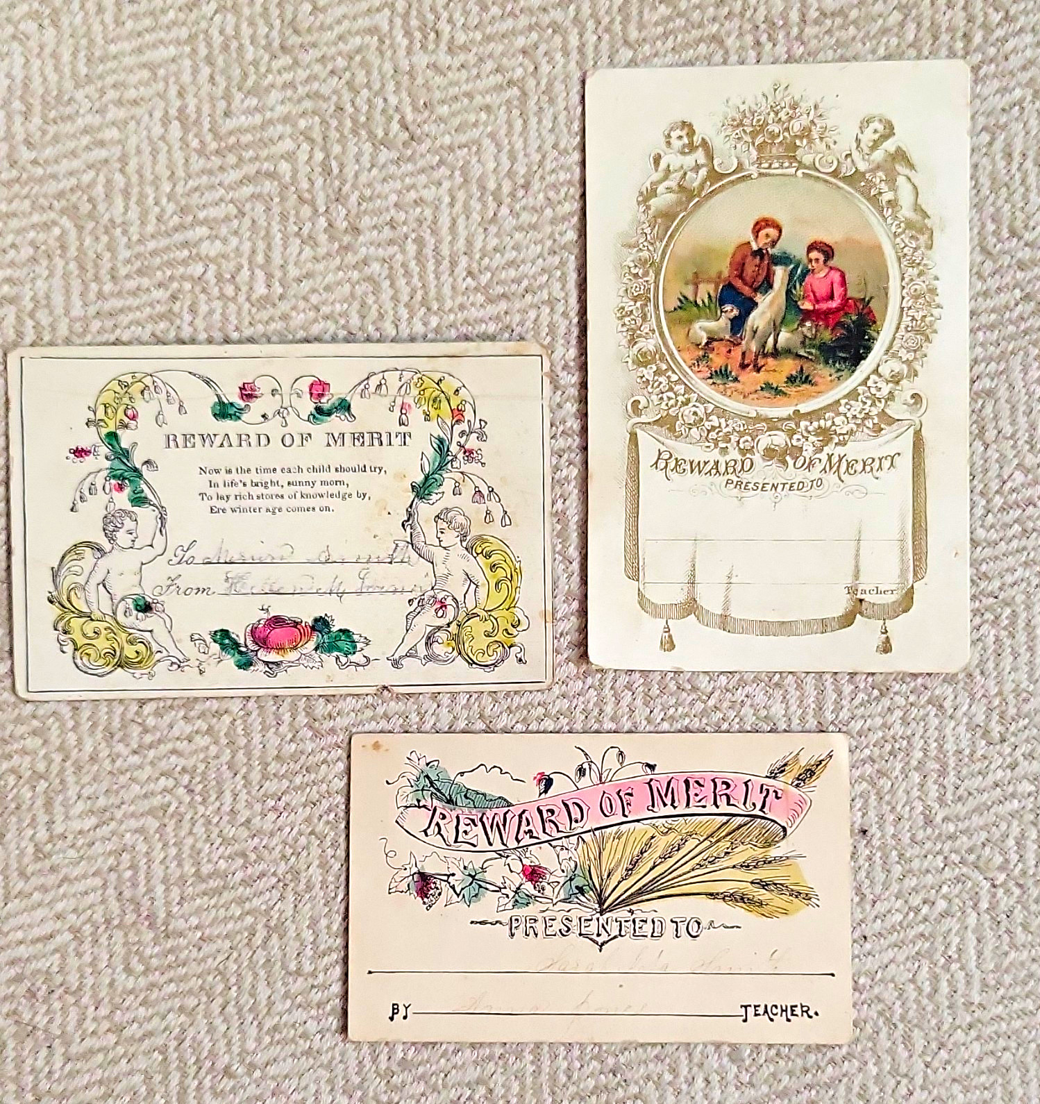 Lot of 3 Antique Reward of Merit Presented To School Cards, Elementary & HS Lot of 3 Antique Reward of Merit Presented To School Cards, Elementary & HS