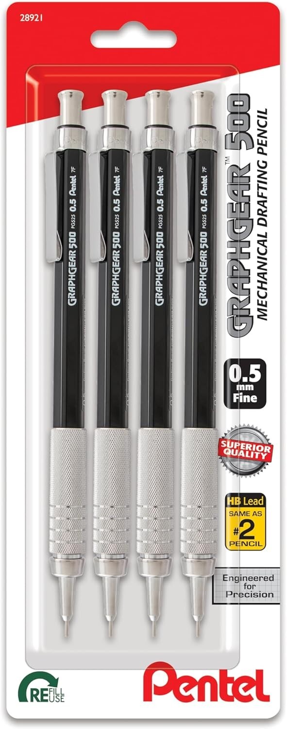 Pentel GraphGear 500 Mechanical Drafting Pencil, 0.5mm, Black Barrel, Pack of 4 Pentel GraphGear 500 Mechanical Drafting Pencil, 0.5mm, Black Barrel, Pack of 4