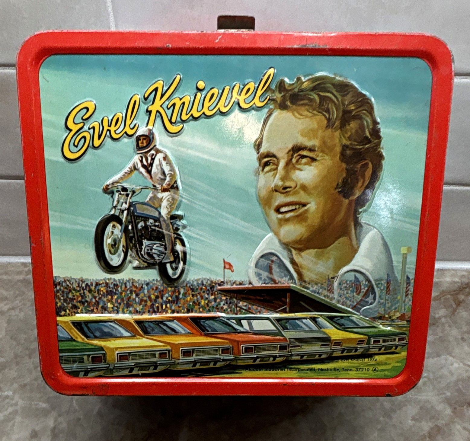 Evel Knievel Metal Lunchbox w/ Red Handle (No Thermos) Evel Knievel Metal Lunchbox w/ Red Handle (No Thermos)