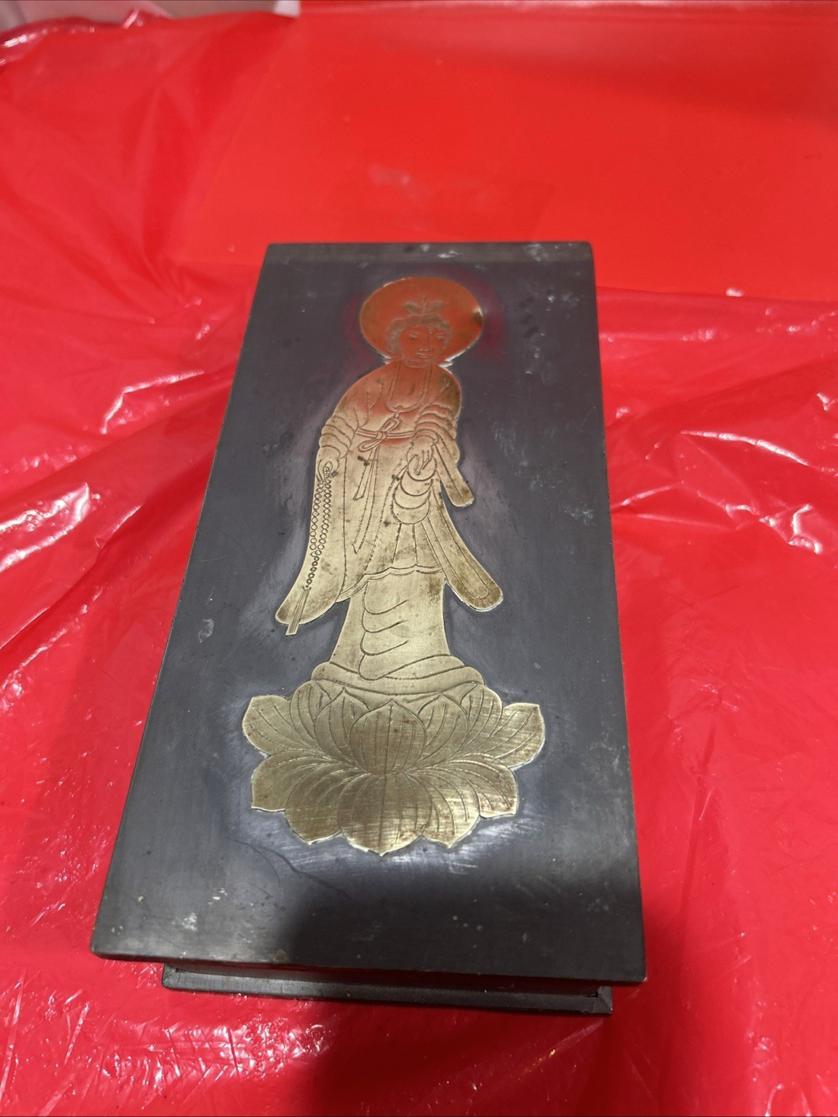Vintage Chinese Brass Trinket Box Hand-Etched Made in China c.1930s–50s