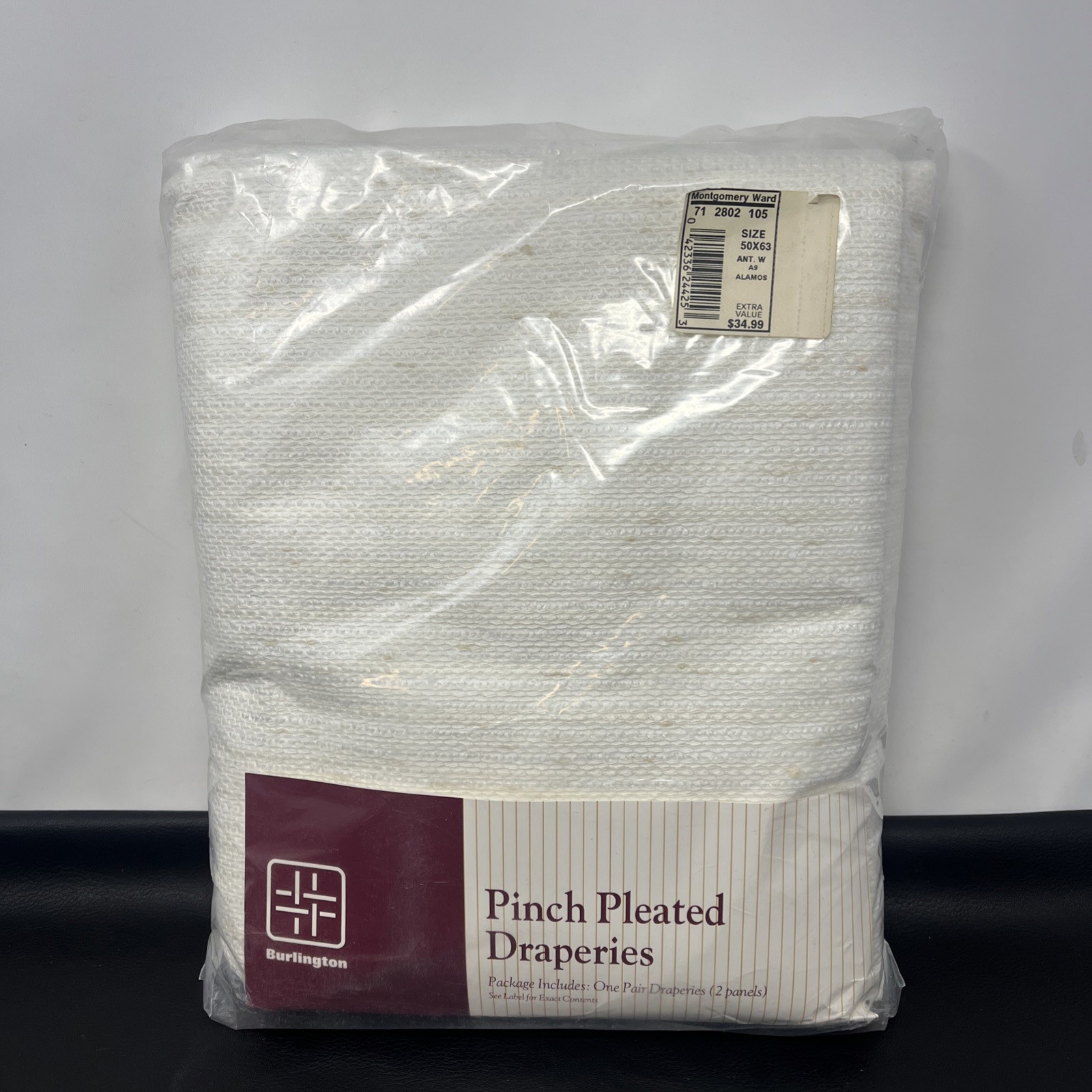 Vtg Burlington Pleat Drapes Curtains Antique White Slub Texture 2 Panels 50x63