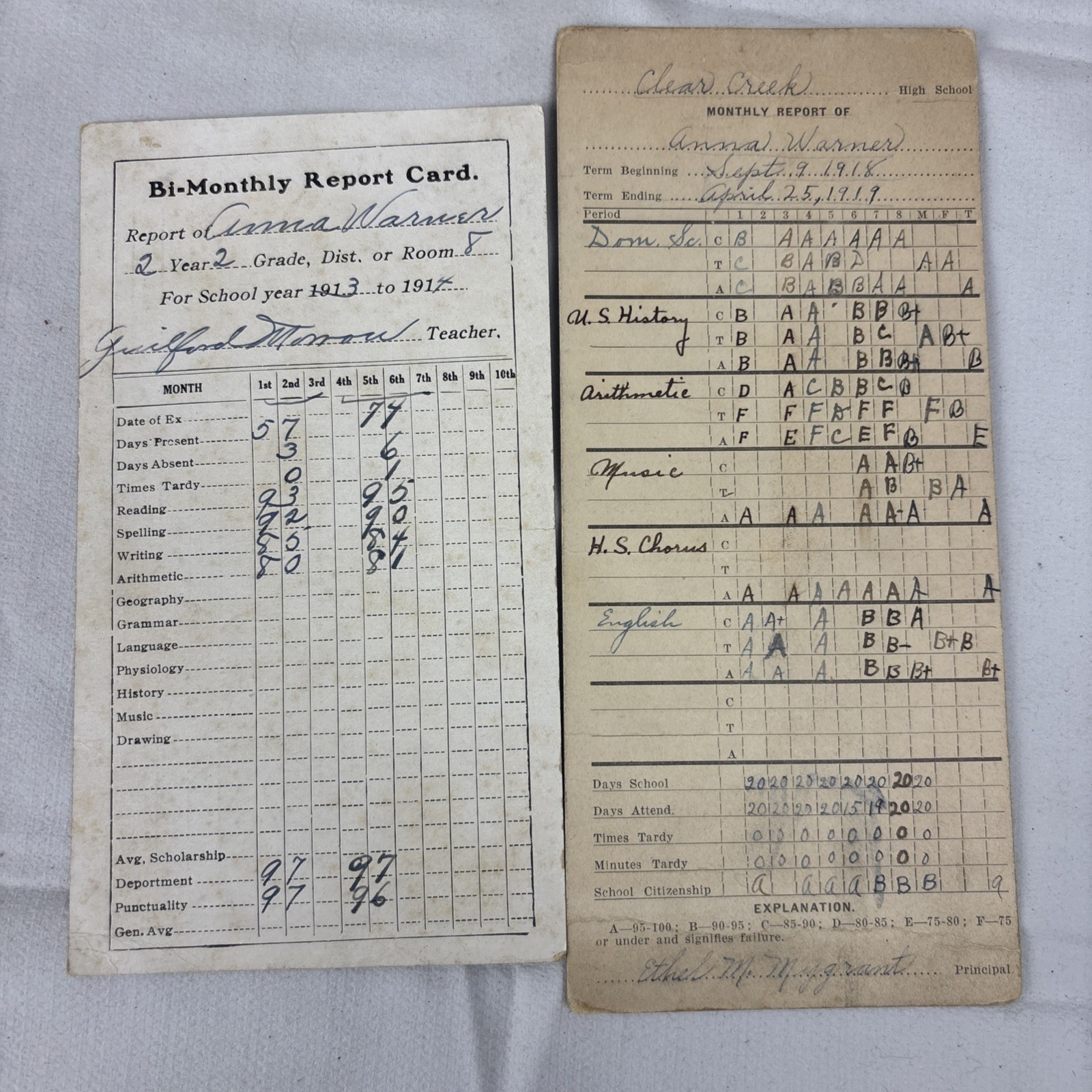 Antique 1913-1919 School Report Cards Anna Warner Clear Creek High School Lot Antique 1913-1919 School Report Cards Anna Warner Clear Creek High School Lot