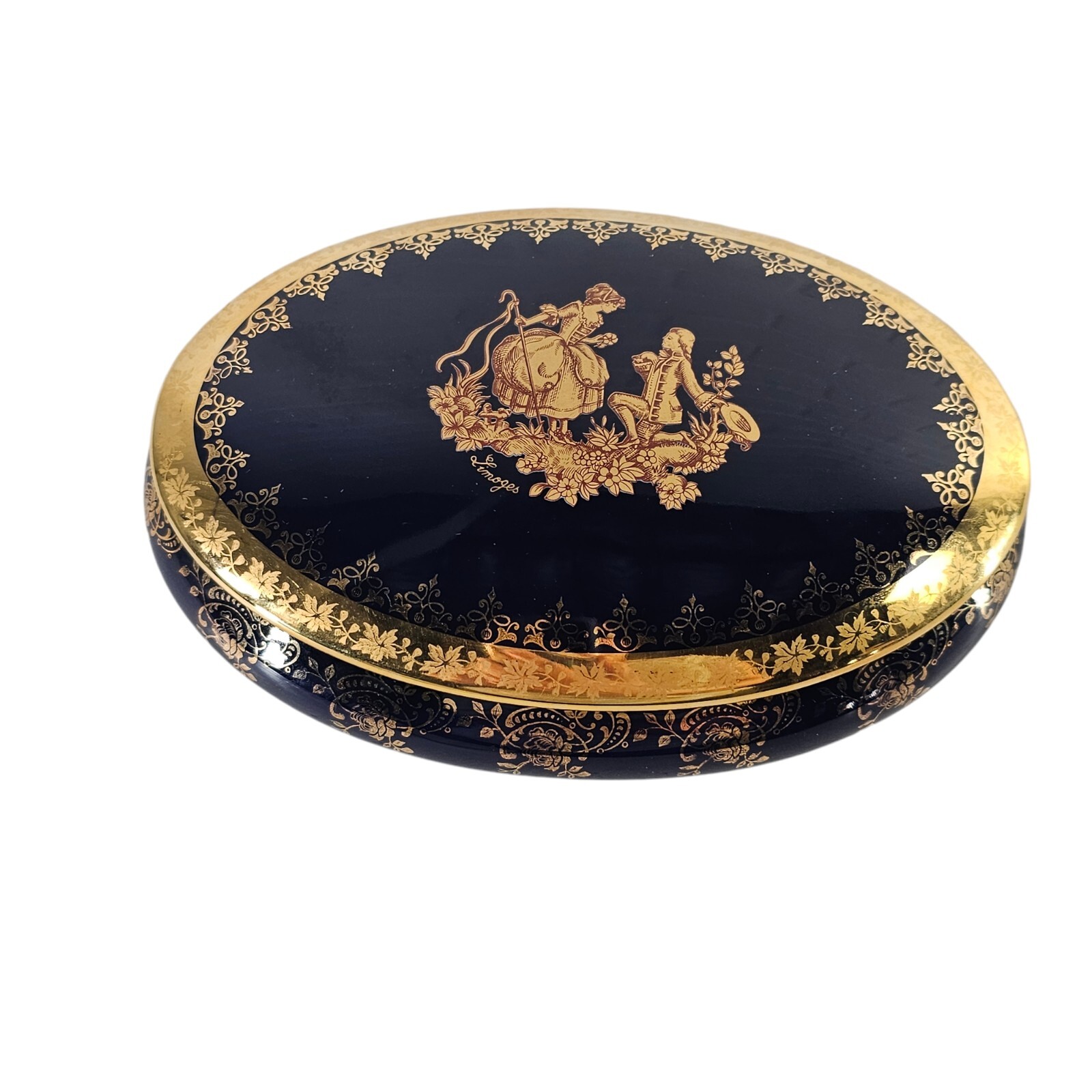 Porcelain Limoges Cobalt Blue Box Peint A La Main Rococo 22k Gold France 7.5\