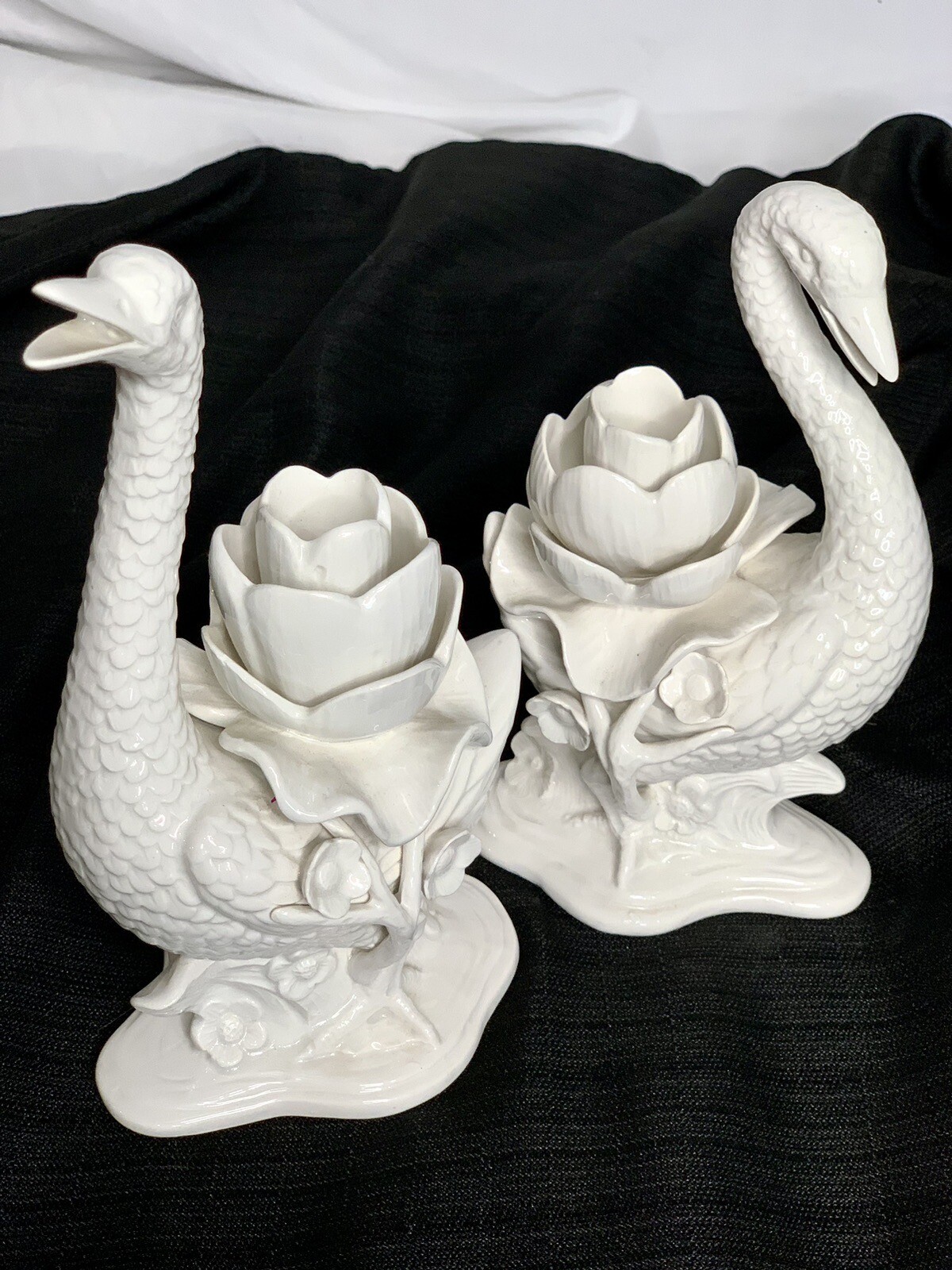 Vintage Two Fitz & Floyd Japanese Porcelain Swan Candlestick Candle Holders.