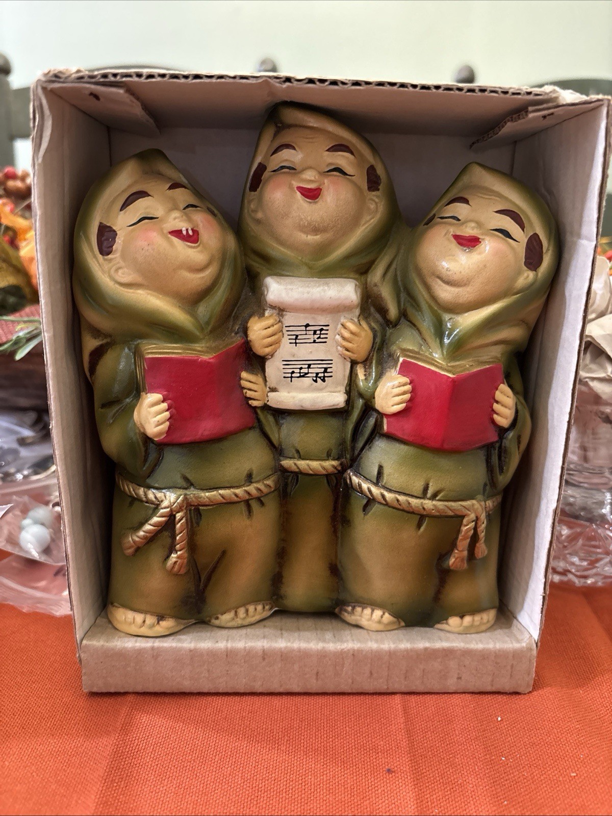 Vintage Ceramic 3 Singing Monks Music Box Brown Robes. Joy to the world in box 