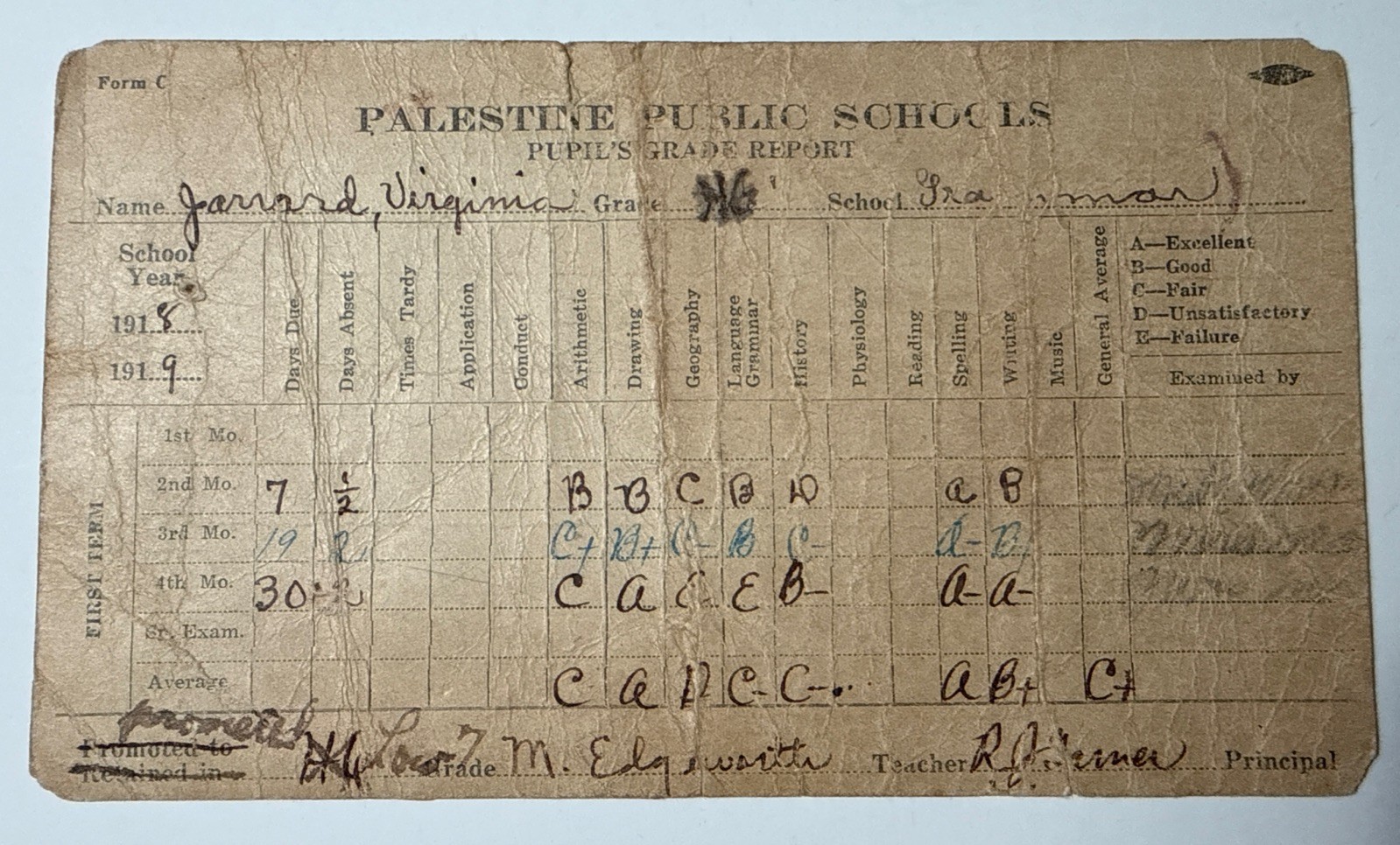 1918 1919 PALESTINE TX Report Card VIRGINIA JARRARD Schoolhouse antique Vtg